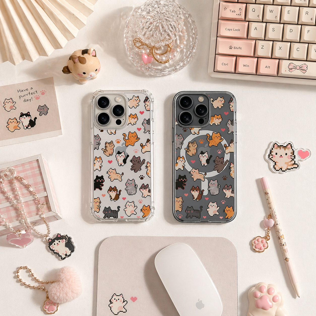 Pixel Art Cat Pattern iPhone Case , Samsung Case, Kawaii Kitty Phone Cover, Retro Gaming Cat MagSafe Case