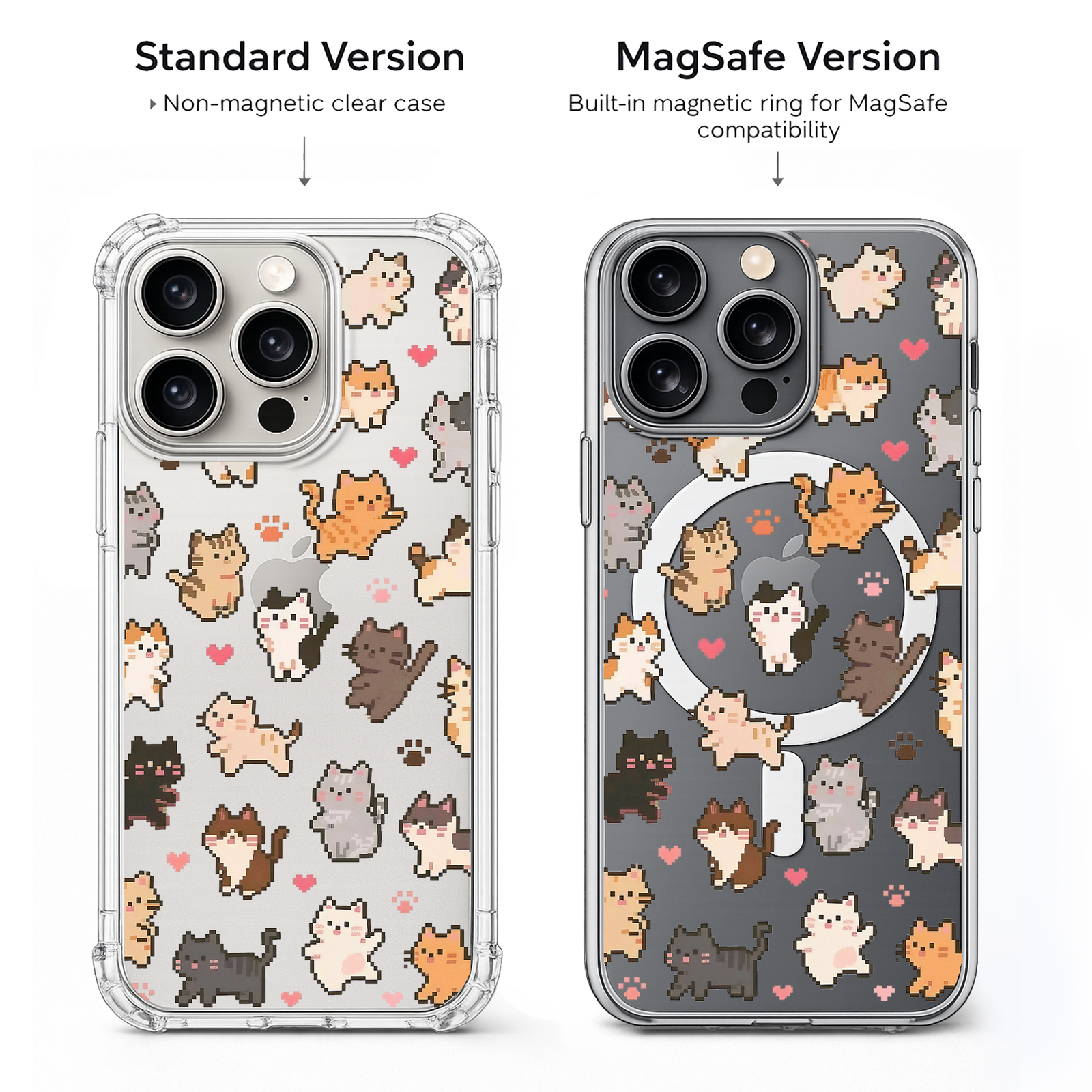 Pixel Art Cat Pattern iPhone Case , Samsung Case, Kawaii Kitty Phone Cover, Retro Gaming Cat MagSafe Case