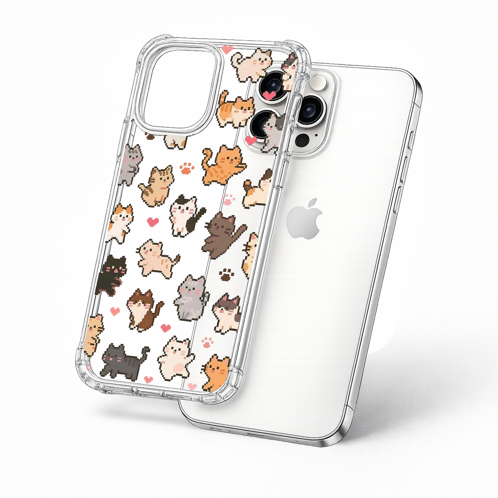 Pixel Art Cat Pattern iPhone Case , Samsung Case, Kawaii Kitty Phone Cover, Retro Gaming Cat MagSafe Case