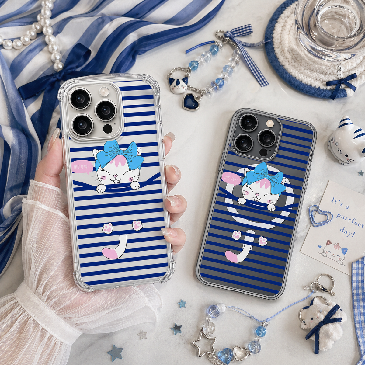 Cute Bow Kitty Striped iPhone Case , Samsung Case, Kawaii Cat Phone Cover, Blue Stripe MagSafe Case