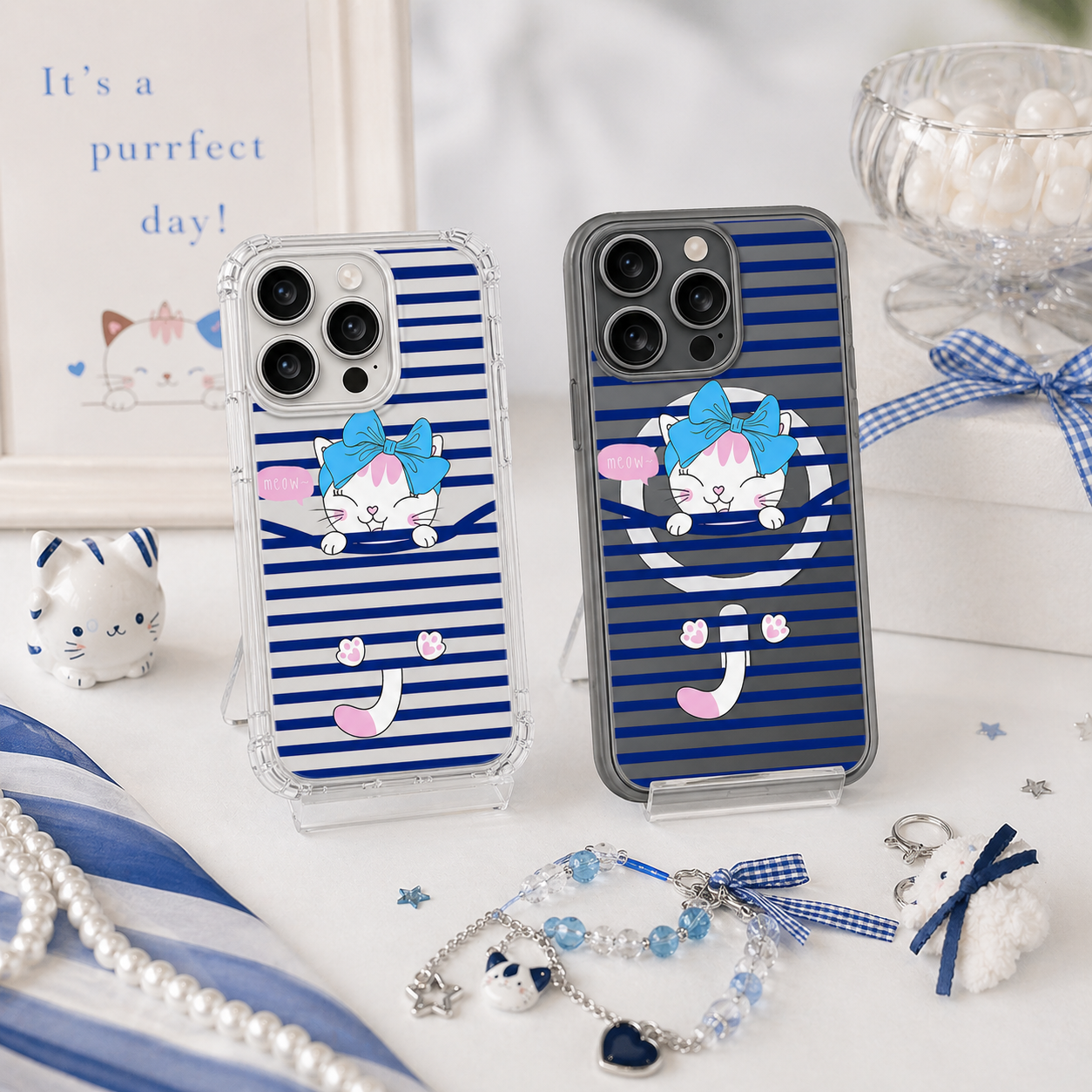 Cute Bow Kitty Striped iPhone Case , Samsung Case, Kawaii Cat Phone Cover, Blue Stripe MagSafe Case
