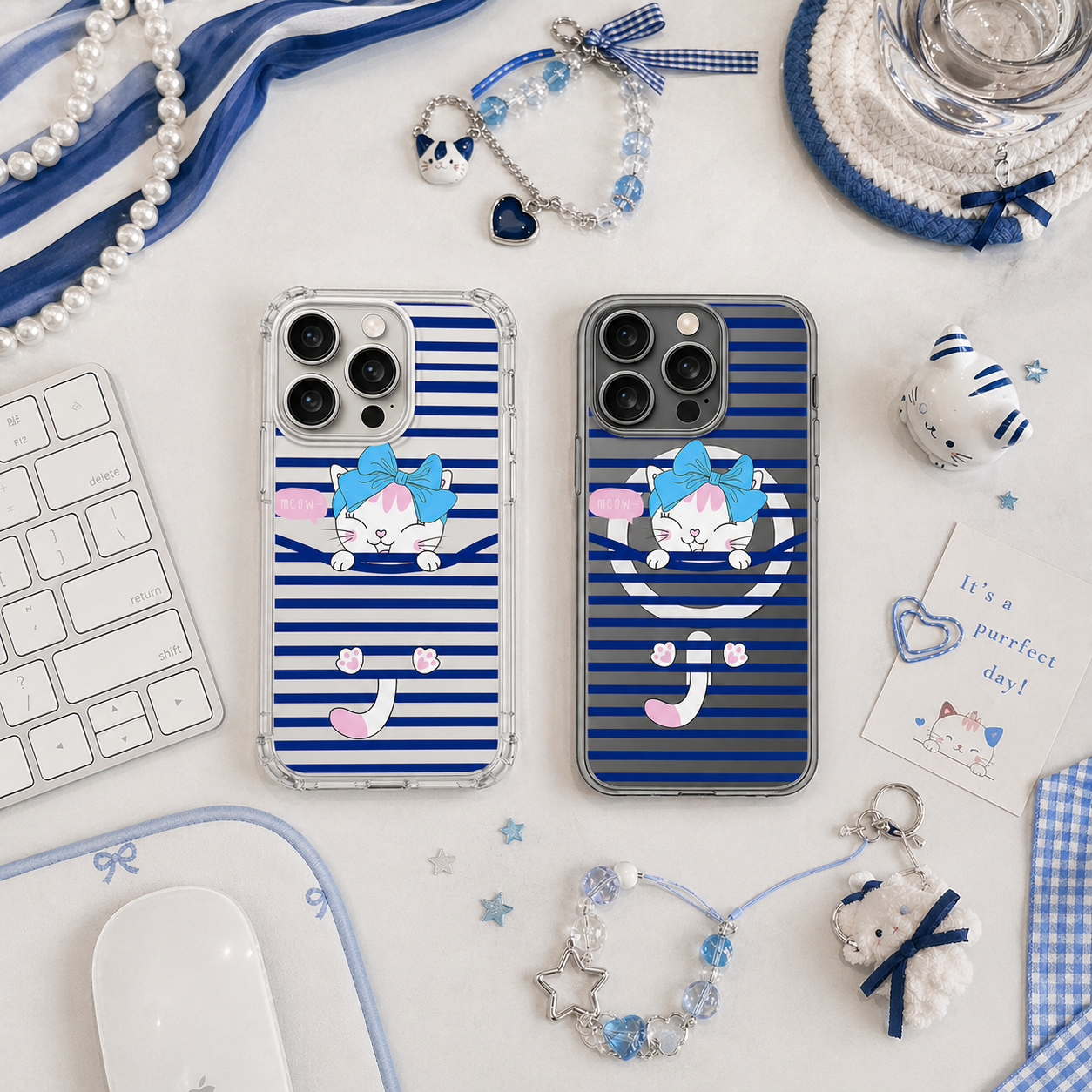 Cute Bow Kitty Striped iPhone Case , Samsung Case, Kawaii Cat Phone Cover, Blue Stripe MagSafe Case
