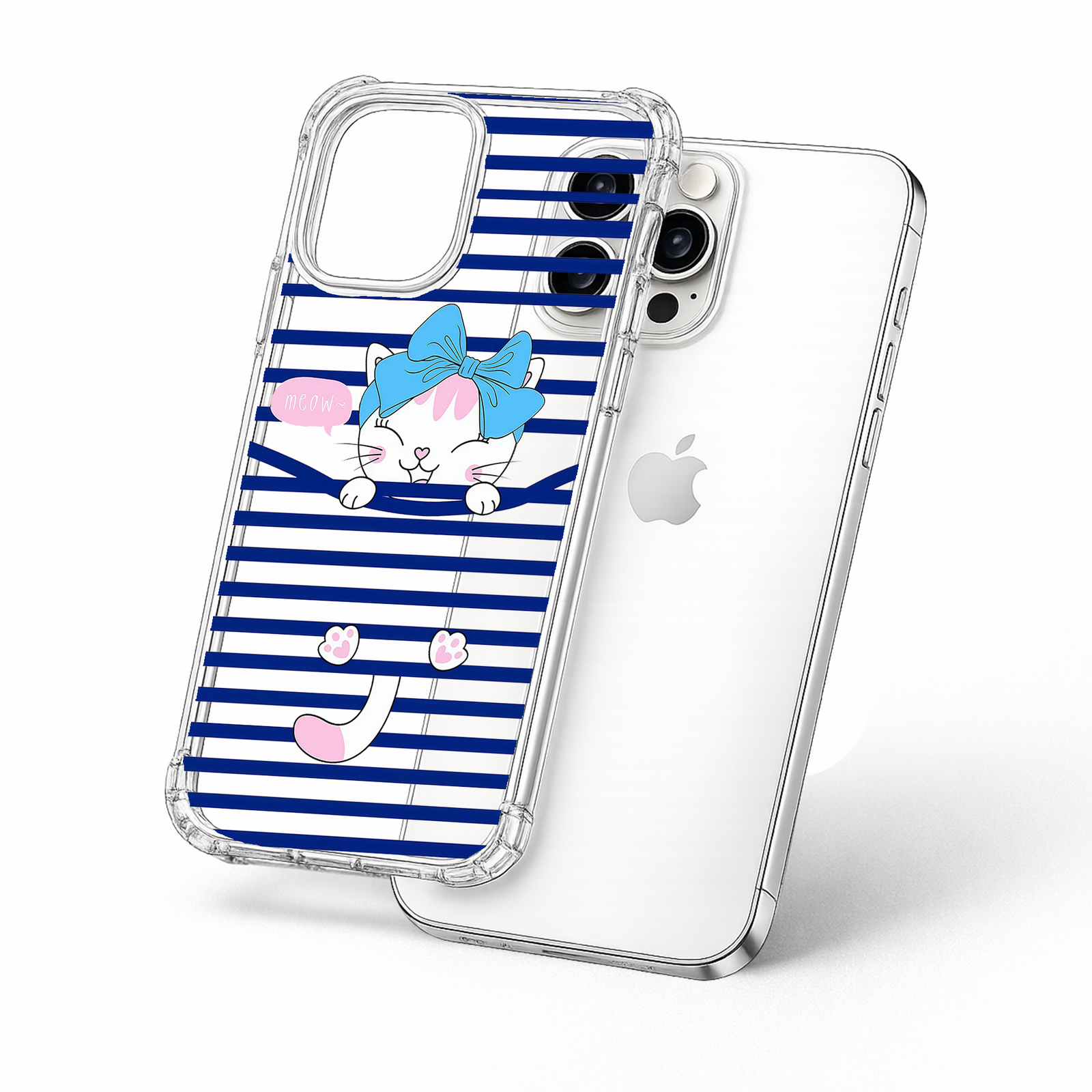 Cute Bow Kitty Striped iPhone Case , Samsung Case, Kawaii Cat Phone Cover, Blue Stripe MagSafe Case