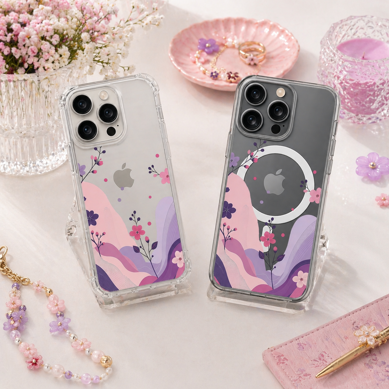 Pastel Floral Abstract iPhone Case , Samsung Case, Elegant Pink Purple Flower Phone Cover, MagSafe Case