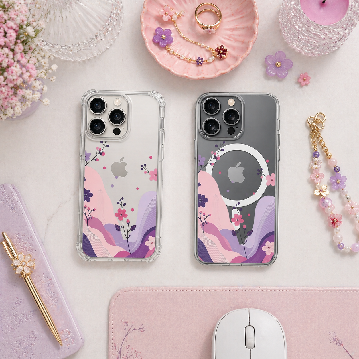 Pastel Floral Abstract iPhone Case , Samsung Case, Elegant Pink Purple Flower Phone Cover, MagSafe Case