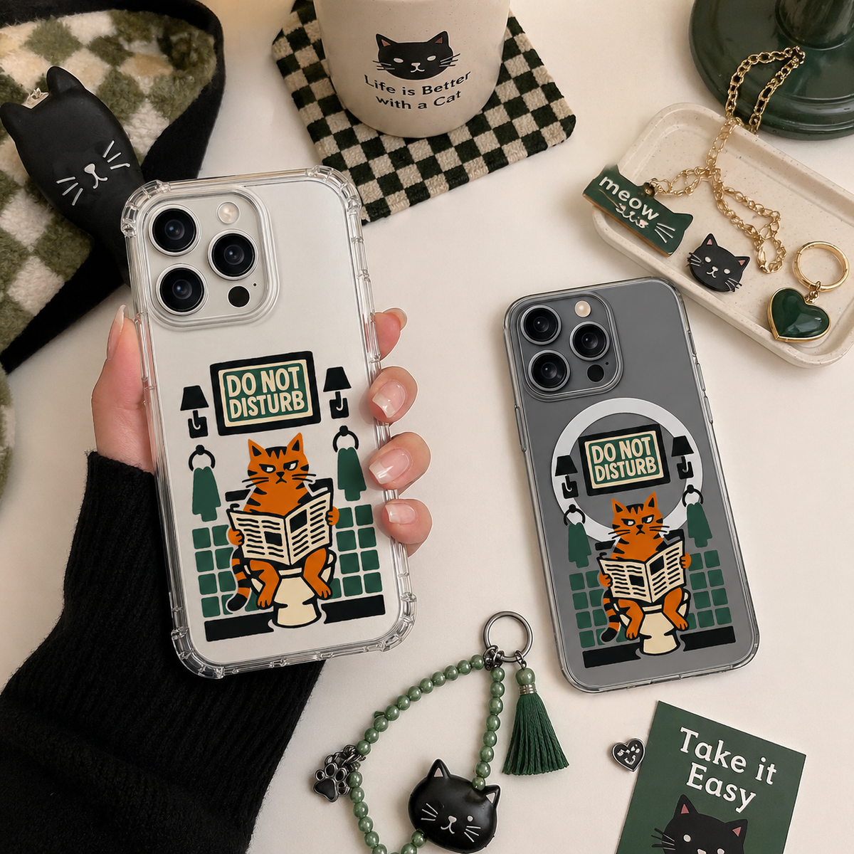Do Not Disturb Cat Bathroom iPhone Case , Samsung Case, Funny Reading Cat Phone Cover, MagSafe Case