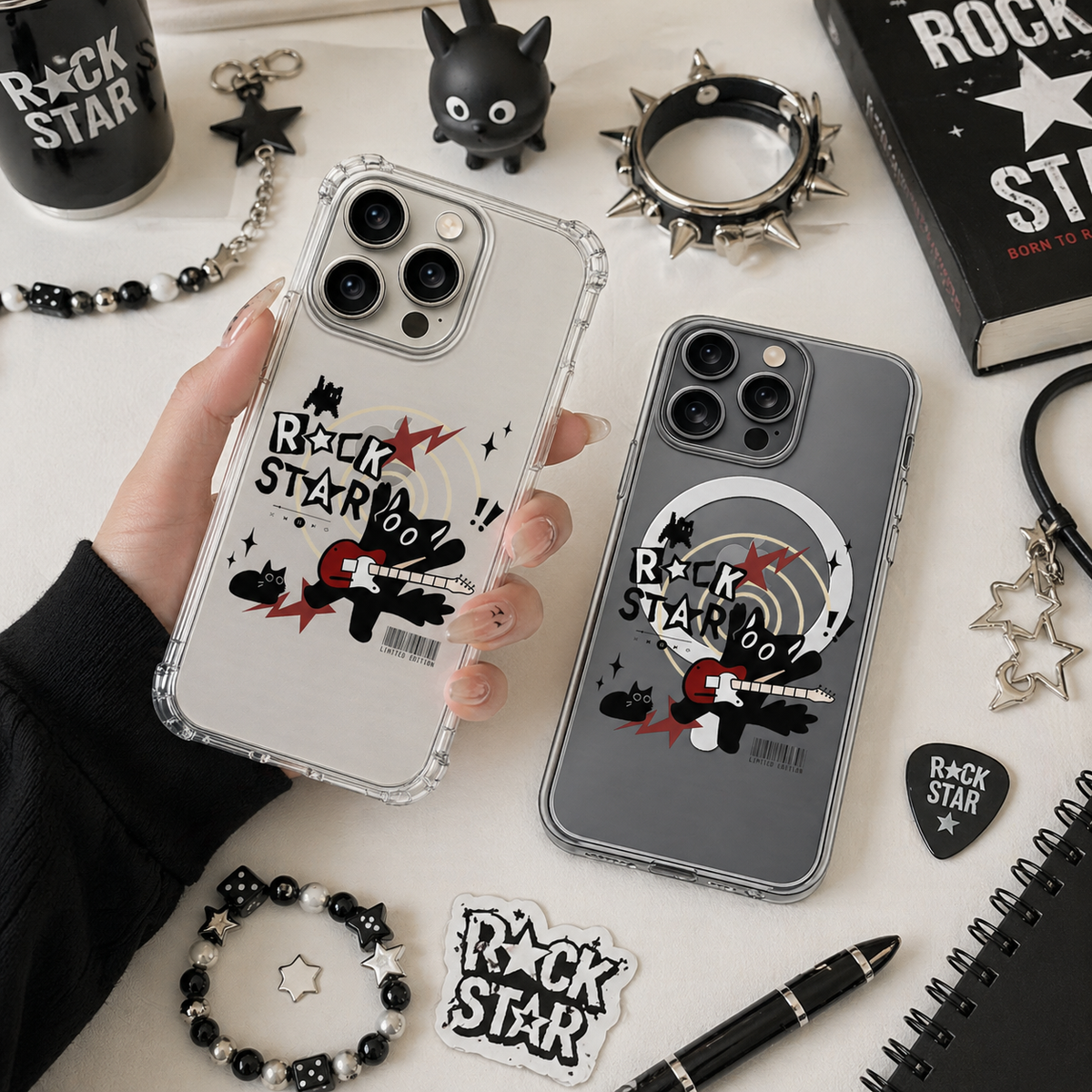 Rockstar Black Cat iPhone Case , Samsung Case, Punk Music Kitty Phone Cover, Alternative MagSafe Case
