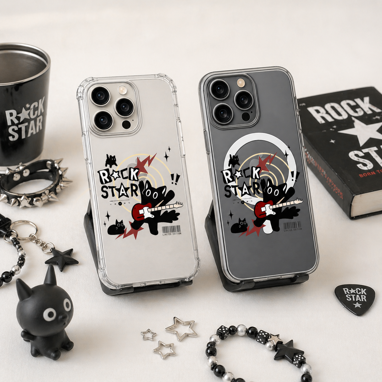 Rockstar Black Cat iPhone Case , Samsung Case, Punk Music Kitty Phone Cover, Alternative MagSafe Case