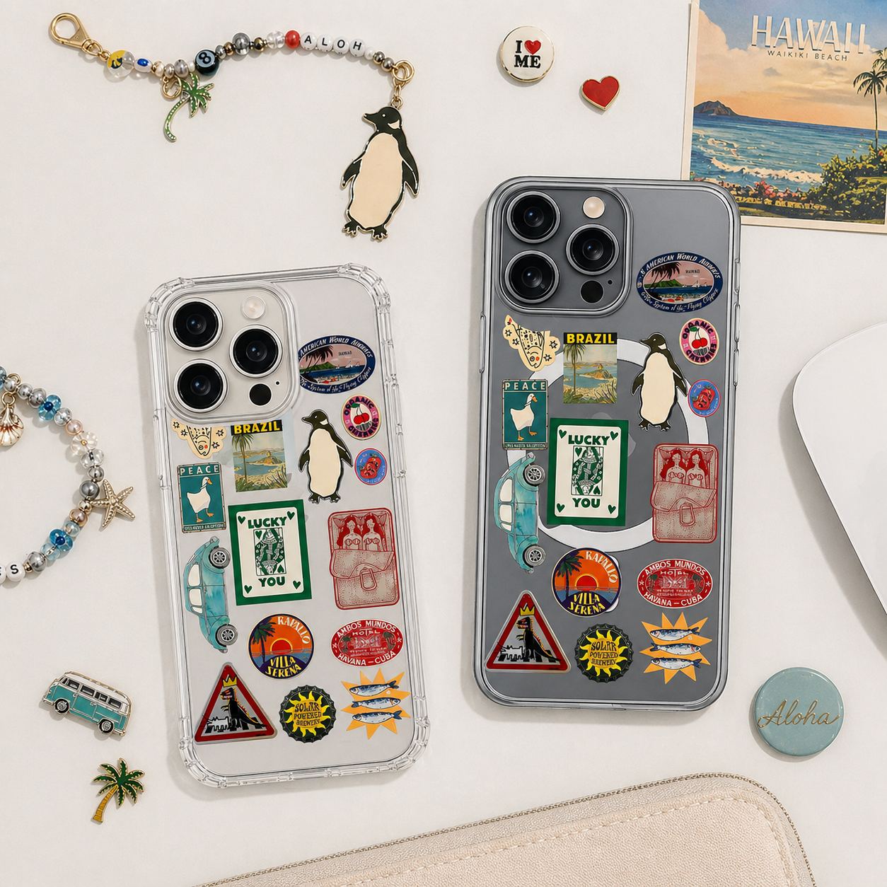 Vintage Travel Sticker Collage iPhone Case , Samsung Case, Retro Wanderlust Phone Cover, MagSafe Case