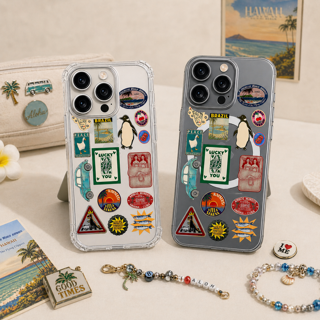 Vintage Travel Sticker Collage iPhone Case , Samsung Case, Retro Wanderlust Phone Cover, MagSafe Case