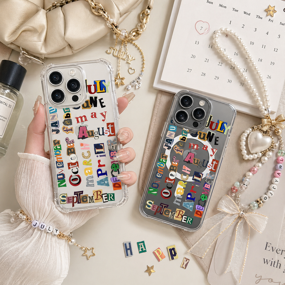Retro Month Typography Collage iPhone Case , Samsung Case, Colorful Magazine Cutout Phone Cover, MagSafe Case