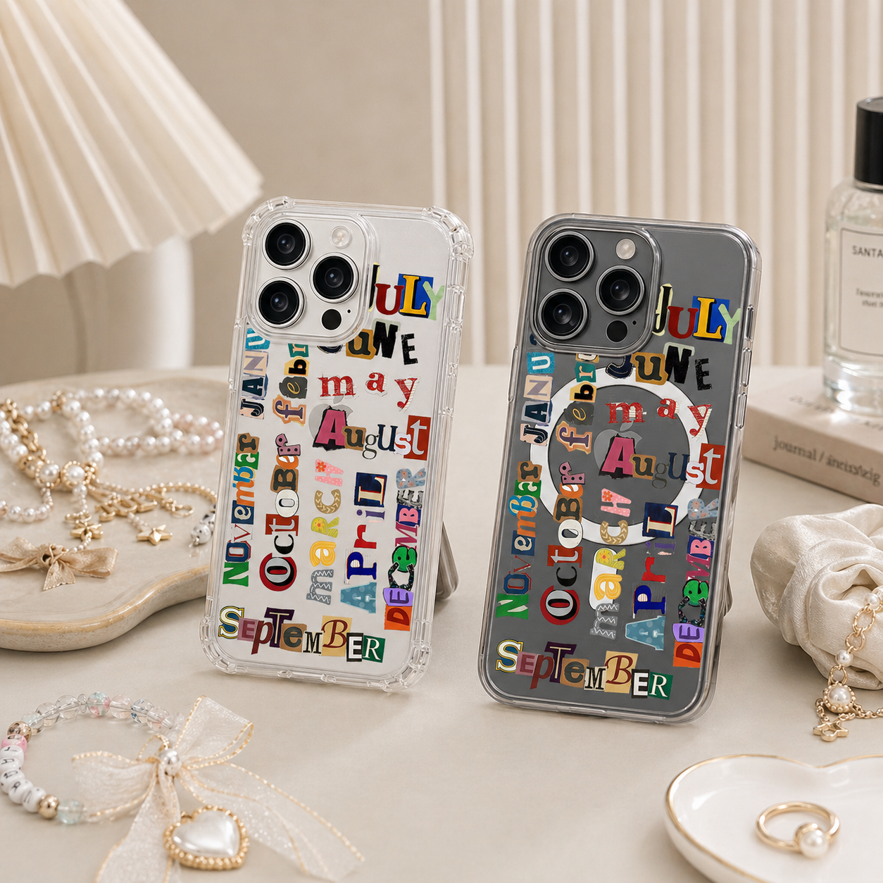 Retro Month Typography Collage iPhone Case , Samsung Case, Colorful Magazine Cutout Phone Cover, MagSafe Case