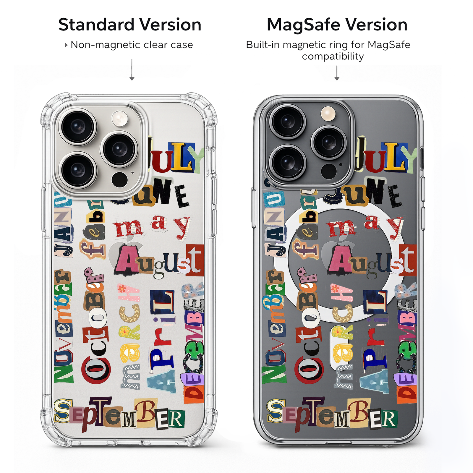 Retro Month Typography Collage iPhone Case , Samsung Case, Colorful Magazine Cutout Phone Cover, MagSafe Case