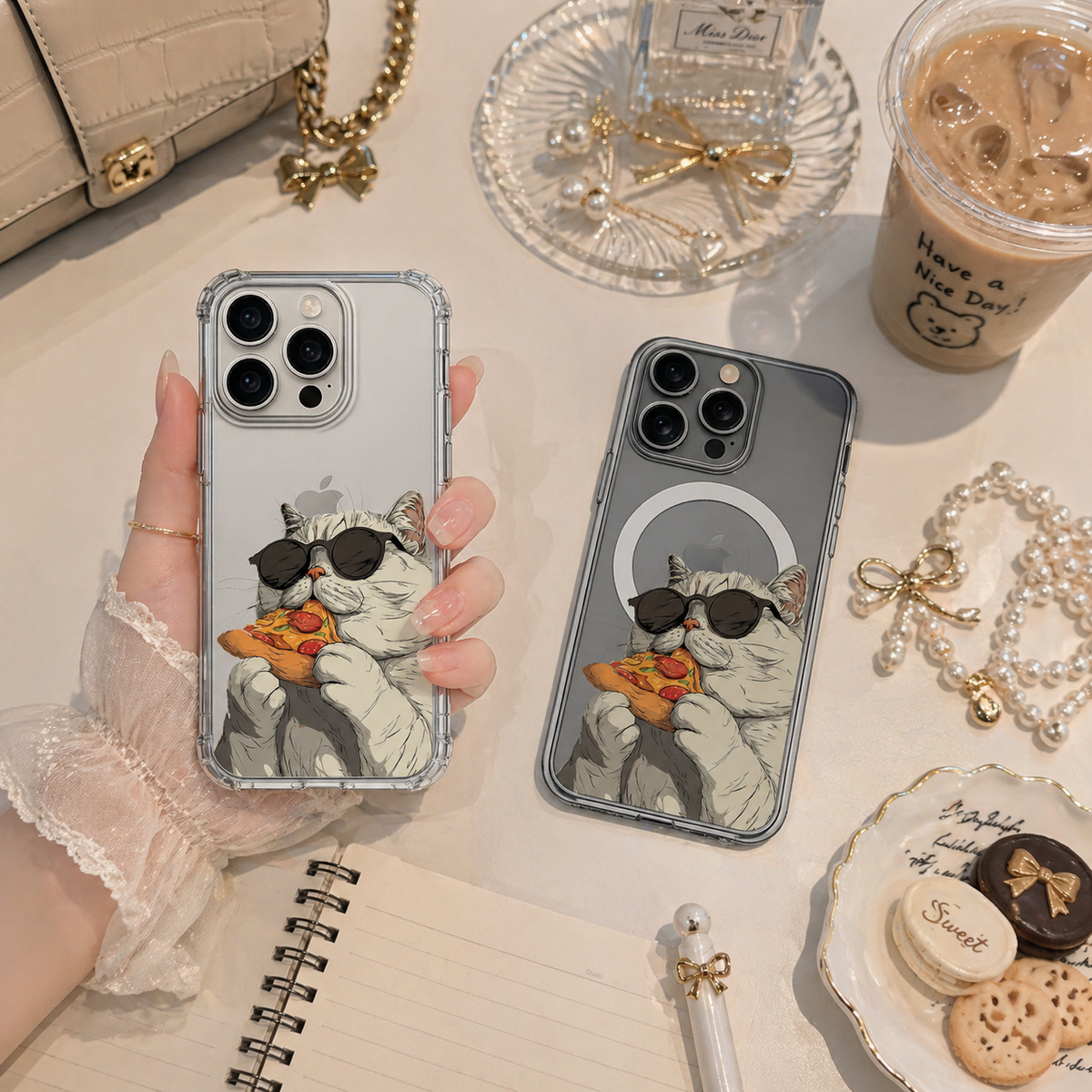 Cool Pizza Cat iPhone Case , Samsung Case, Funny Sunglasses Kitty Phone Cover, MagSafe Case