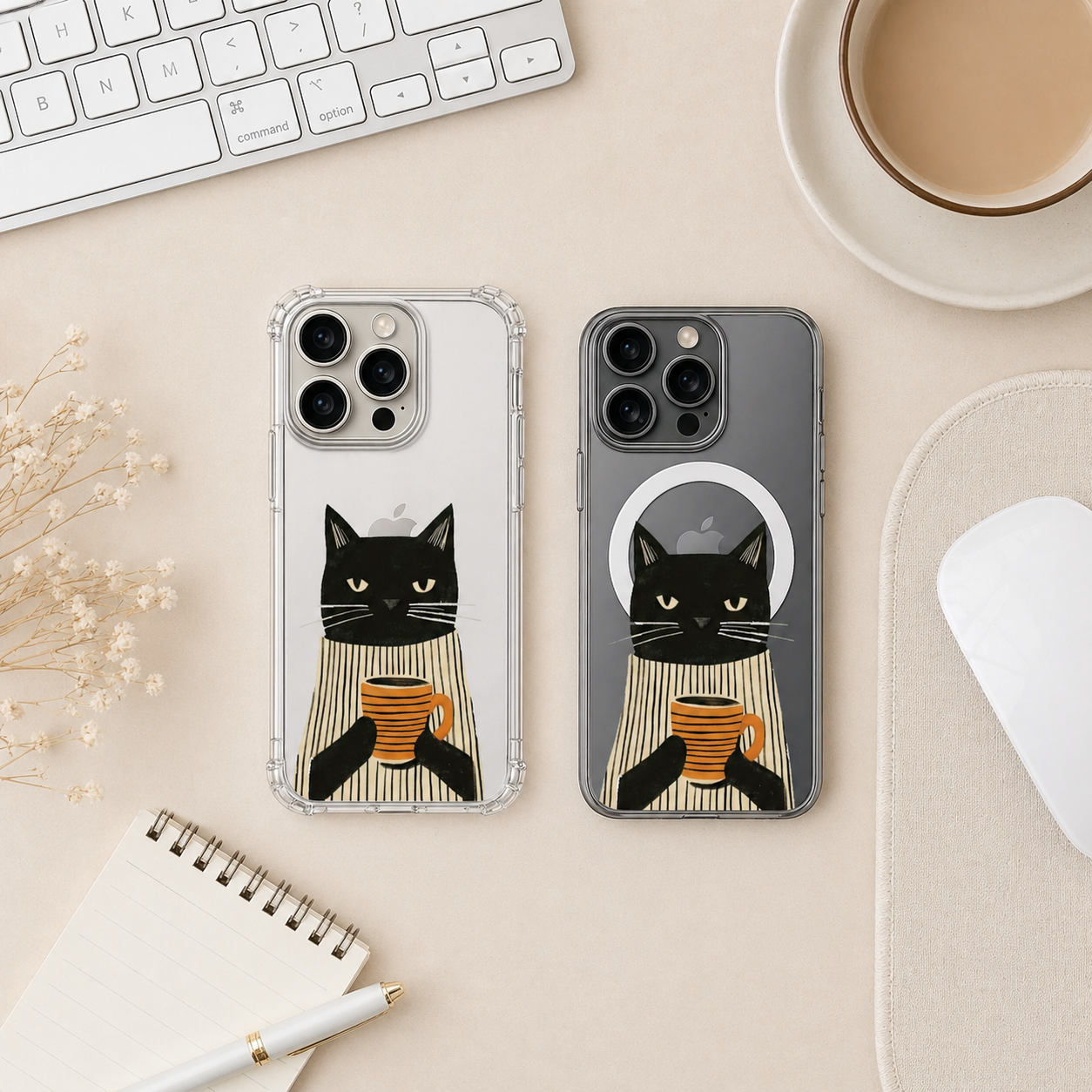Black Cat Coffee Lover iPhone Case , Samsung Case, Minimalist Cat Mug Phone Cover, MagSafe Case