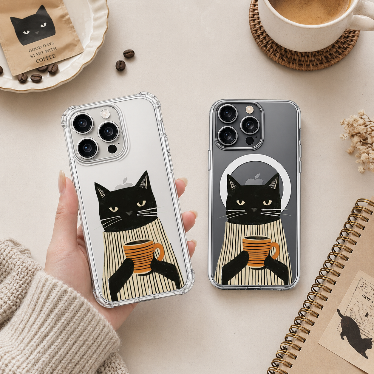 Black Cat Coffee Lover iPhone Case , Samsung Case, Minimalist Cat Mug Phone Cover, MagSafe Case