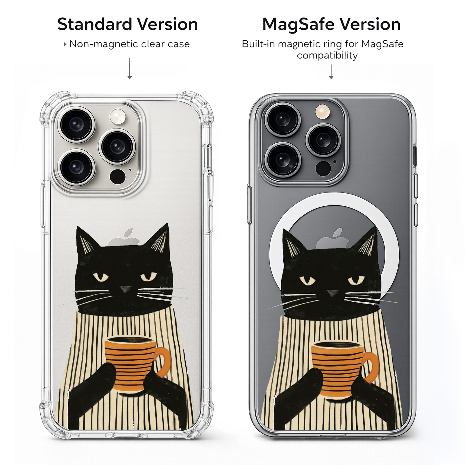 Black Cat Coffee Lover iPhone Case , Samsung Case, Minimalist Cat Mug Phone Cover, MagSafe Case