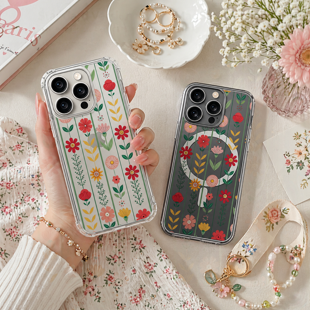 Scandinavian Floral Pattern iPhone Case , Samsung Case, Cute Folk Art Flower Phone Cover, MagSafe Case
