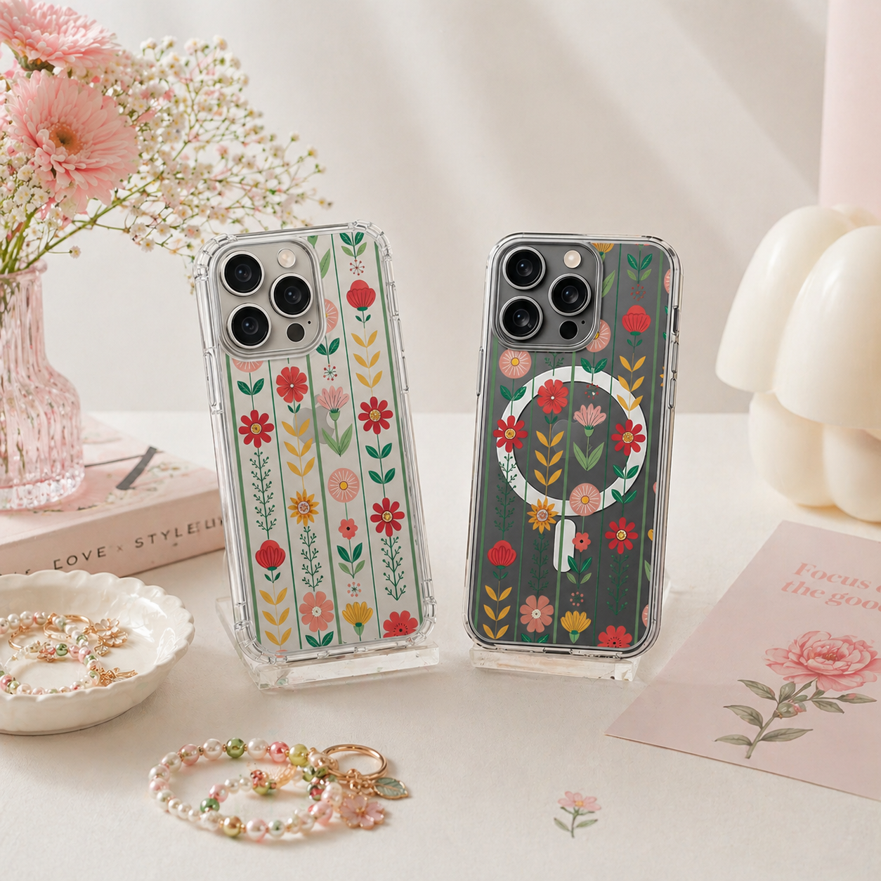 Scandinavian Floral Pattern iPhone Case , Samsung Case, Cute Folk Art Flower Phone Cover, MagSafe Case