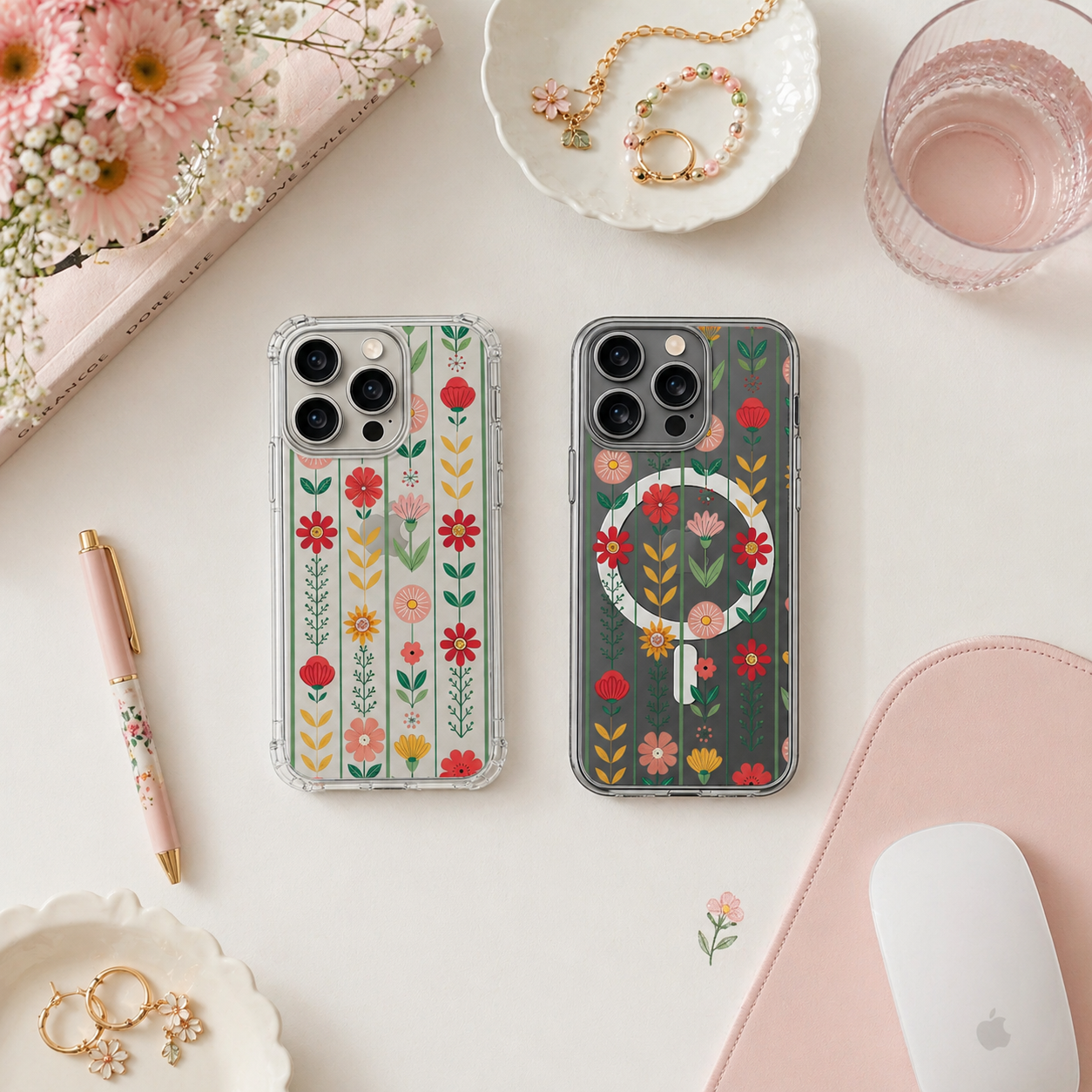 Scandinavian Floral Pattern iPhone Case , Samsung Case, Cute Folk Art Flower Phone Cover, MagSafe Case