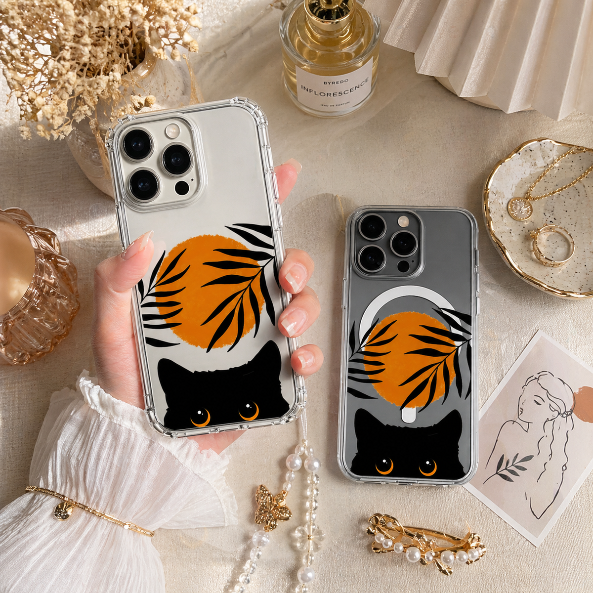 Black Cat Sunset Minimalist iPhone Case , Samsung Case, Aesthetic Orange Sun Phone Cover, MagSafe Case
