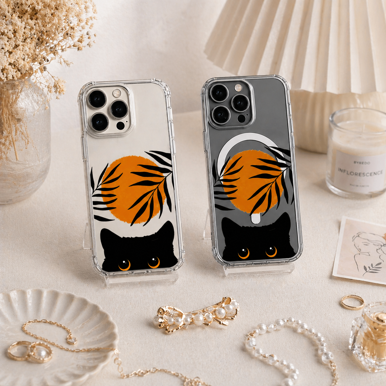 Black Cat Sunset Minimalist iPhone Case , Samsung Case, Aesthetic Orange Sun Phone Cover, MagSafe Case