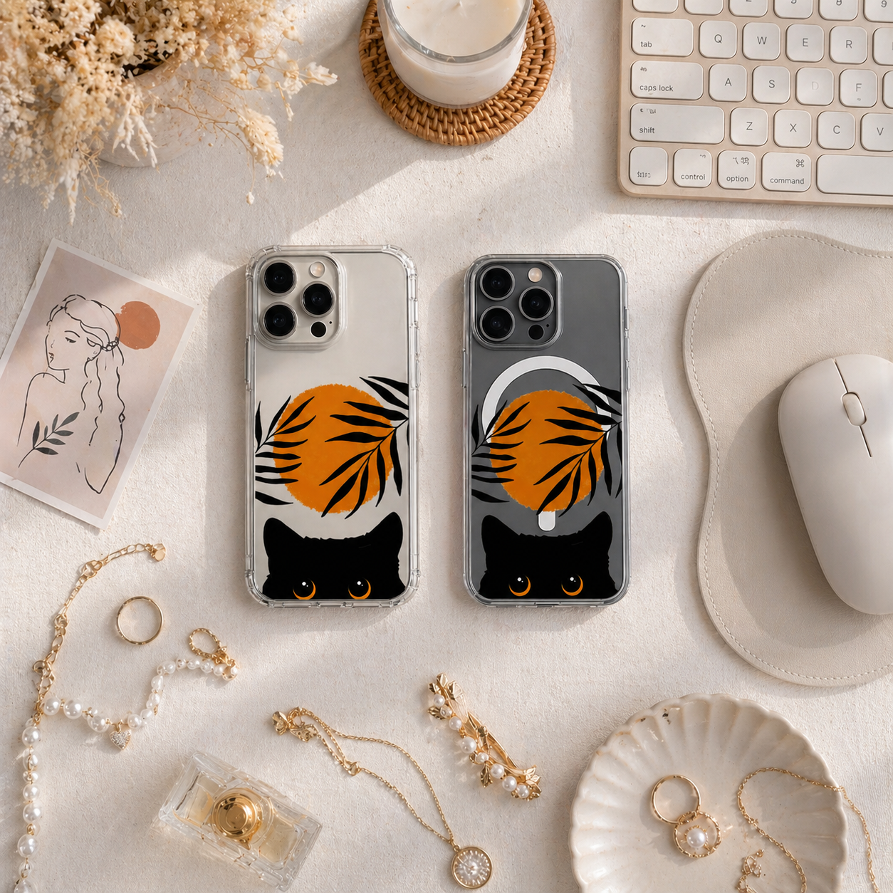 Black Cat Sunset Minimalist iPhone Case , Samsung Case, Aesthetic Orange Sun Phone Cover, MagSafe Case