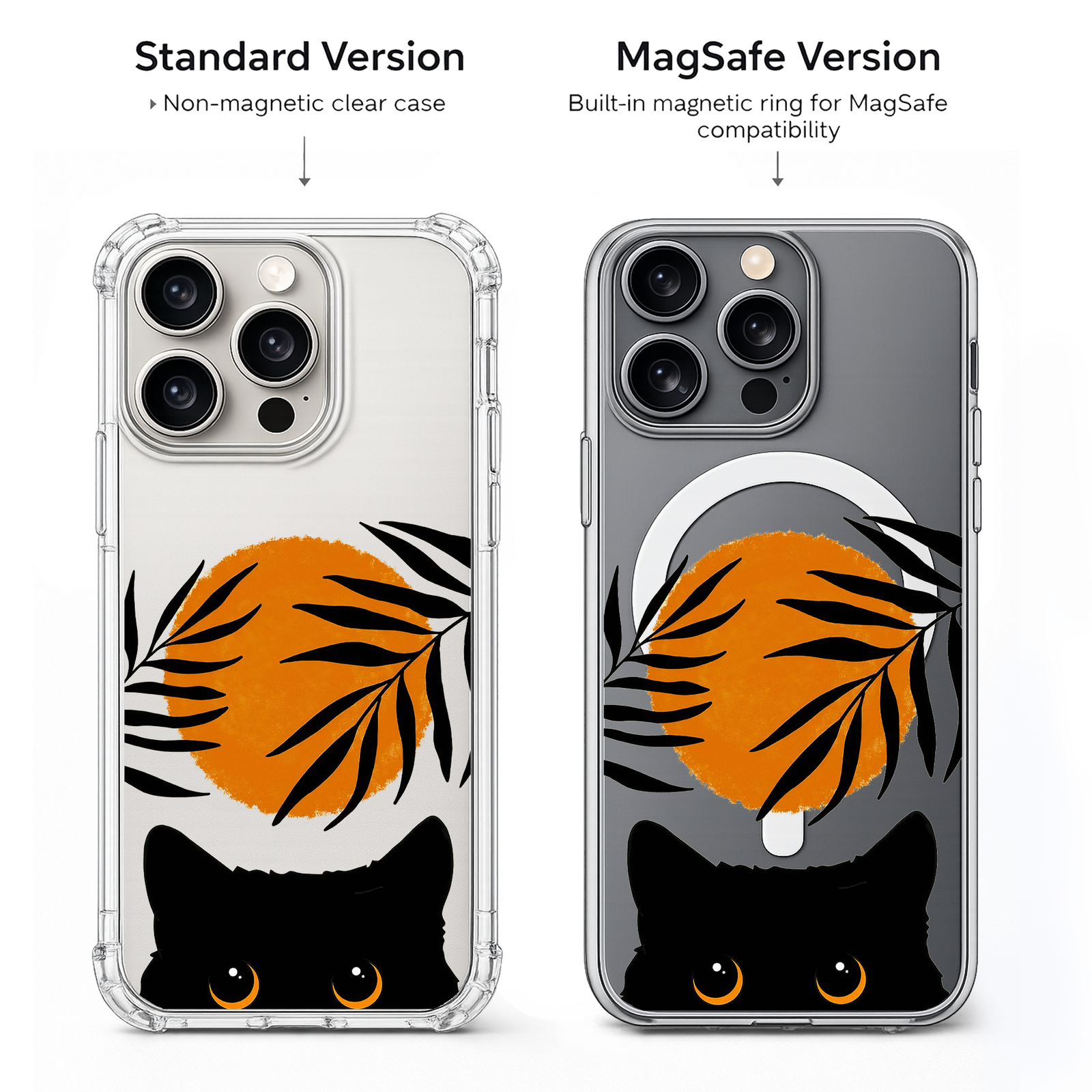 Black Cat Sunset Minimalist iPhone Case , Samsung Case, Aesthetic Orange Sun Phone Cover, MagSafe Case