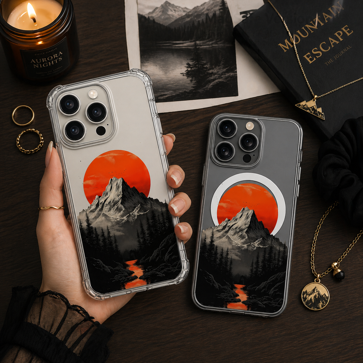 Red Sun Mountain Landscape iPhone Case , Samsung Case, Japanese Nature Art Phone Cover, MagSafe Case