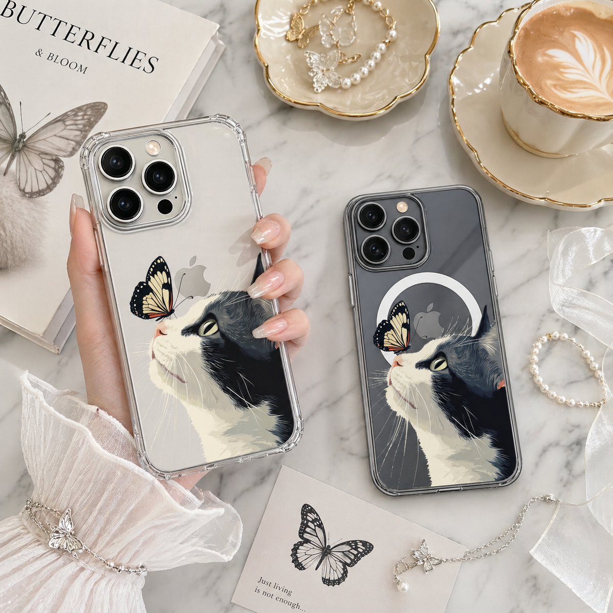 Butterfly and Cat iPhone Case , Samsung Case, Whimsical Kitty Nature Phone Cover, MagSafe Case