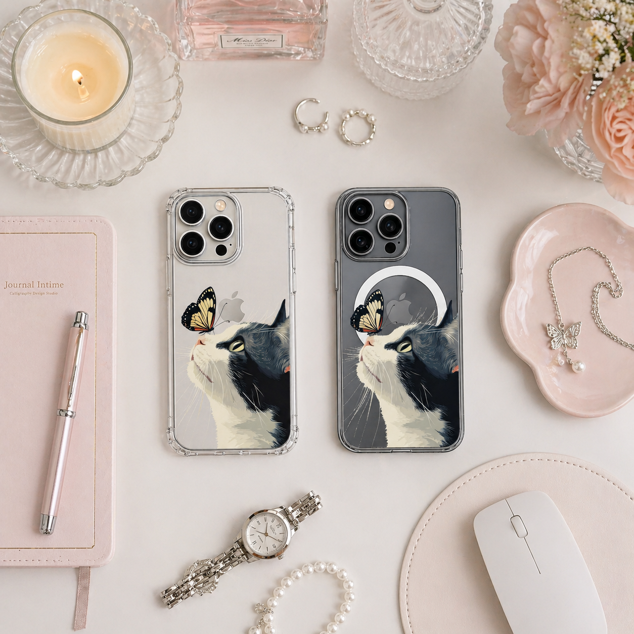 Butterfly and Cat iPhone Case , Samsung Case, Whimsical Kitty Nature Phone Cover, MagSafe Case