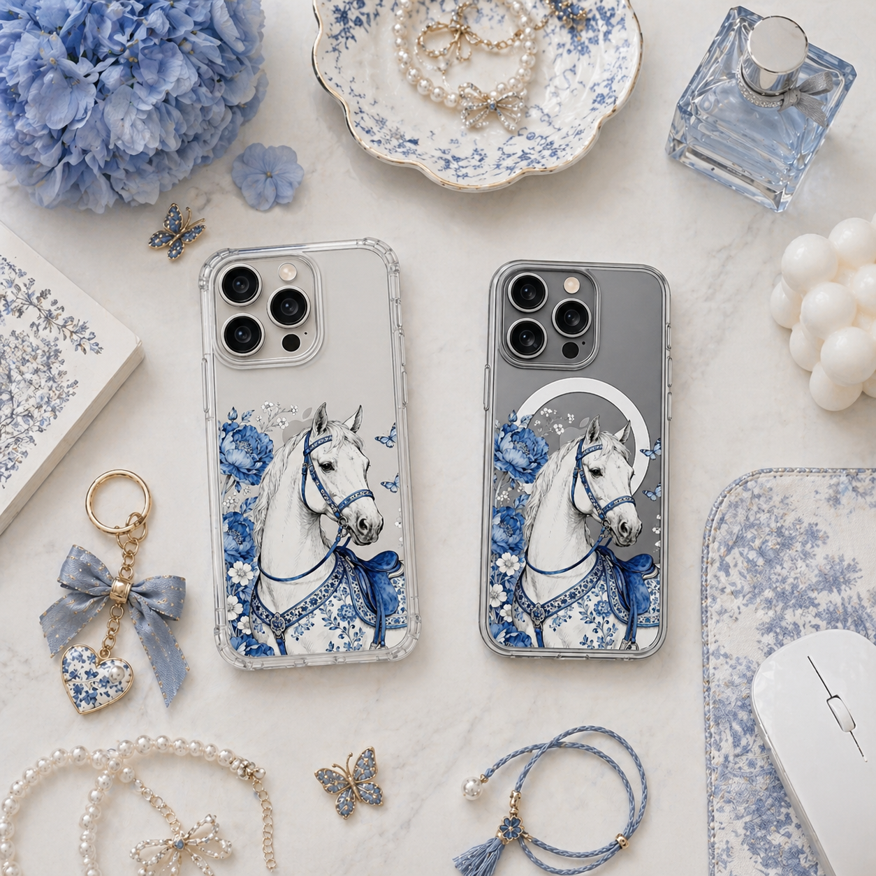 Blue Floral Horse iPhone Case , Samsung Case, Elegant Vintage Equine Phone Cover, MagSafe Case