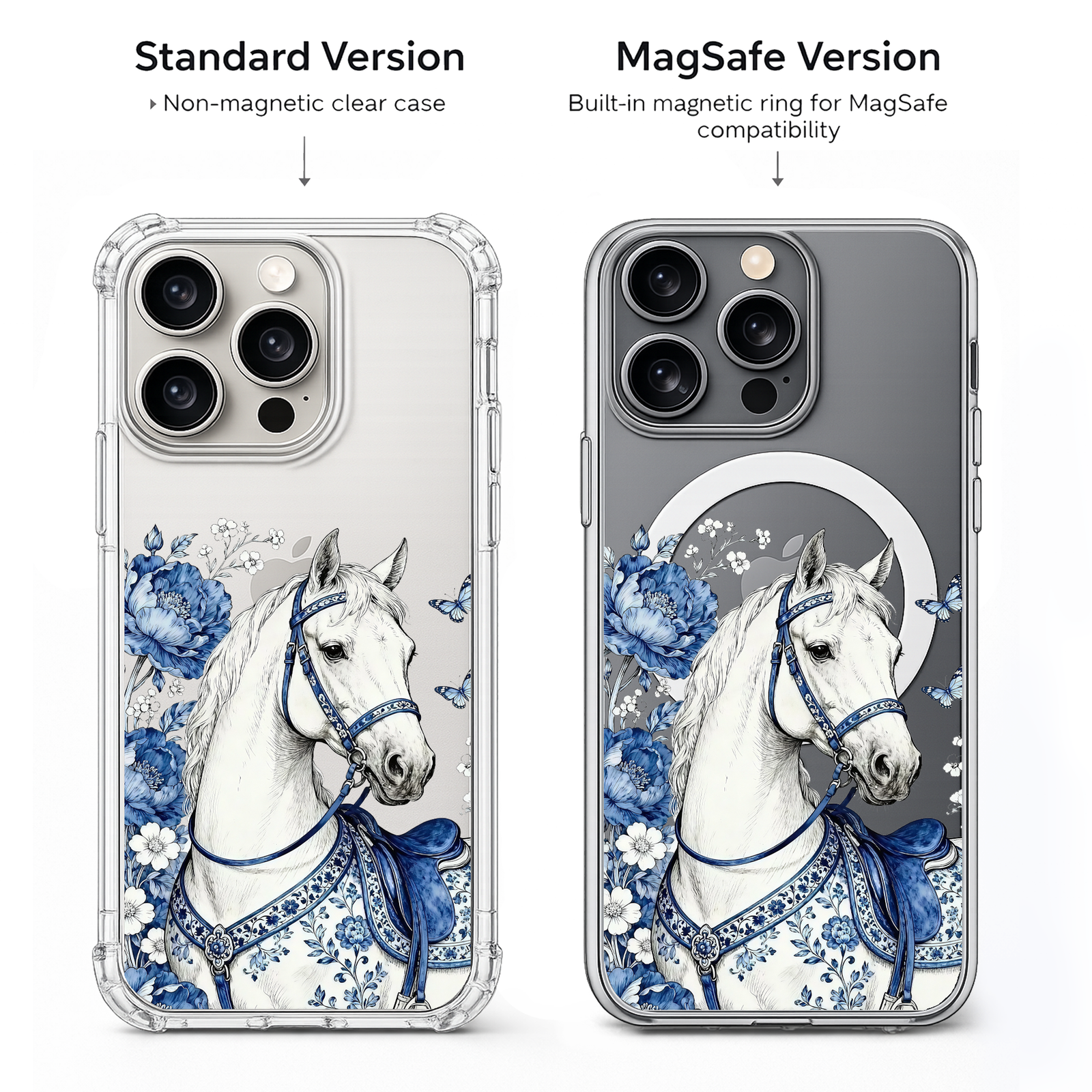 Blue Floral Horse iPhone Case , Samsung Case, Elegant Vintage Equine Phone Cover, MagSafe Case