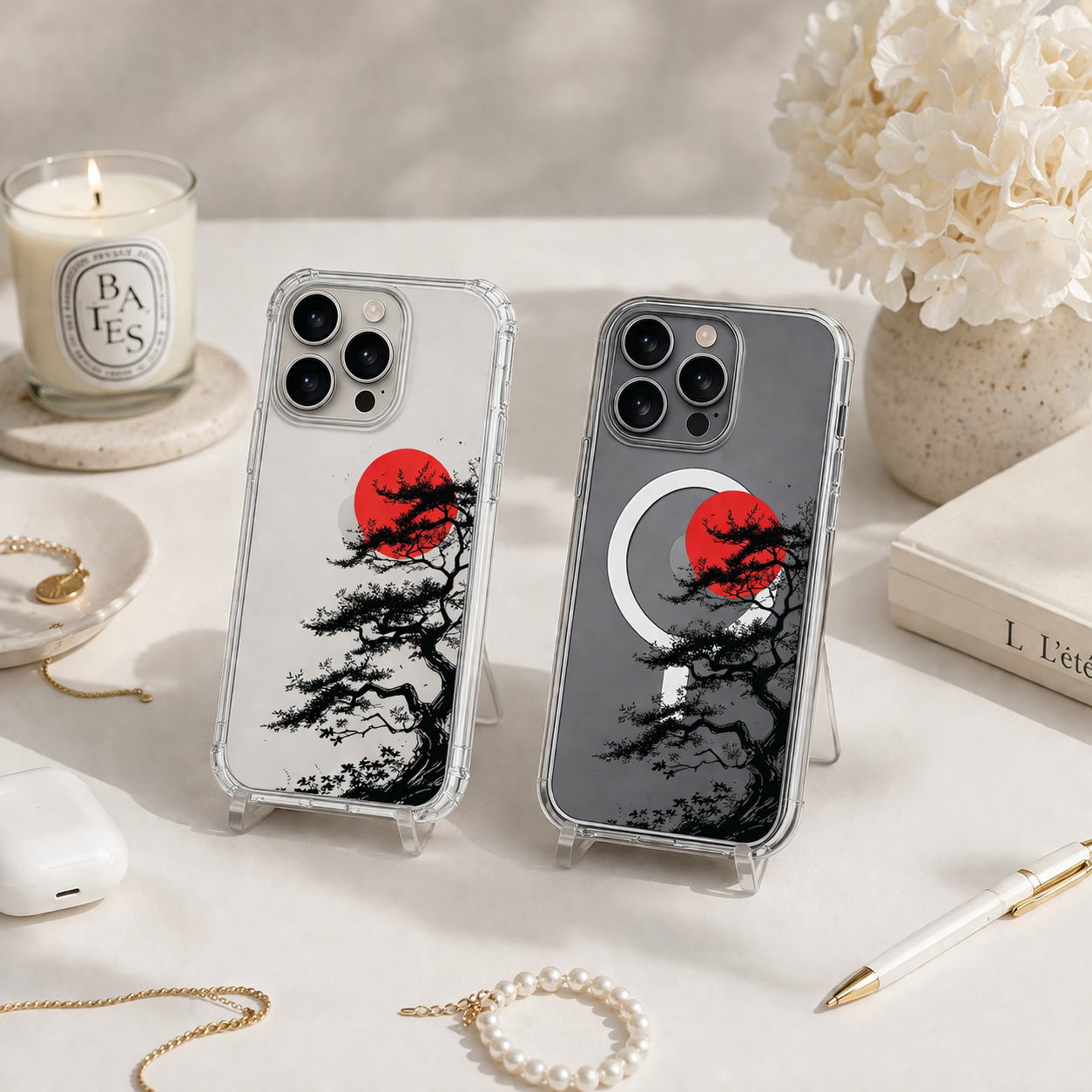 Japanese Bonsai Red Sun iPhone Case , Samsung Case, Zen Nature Art Phone Cover, MagSafe Case