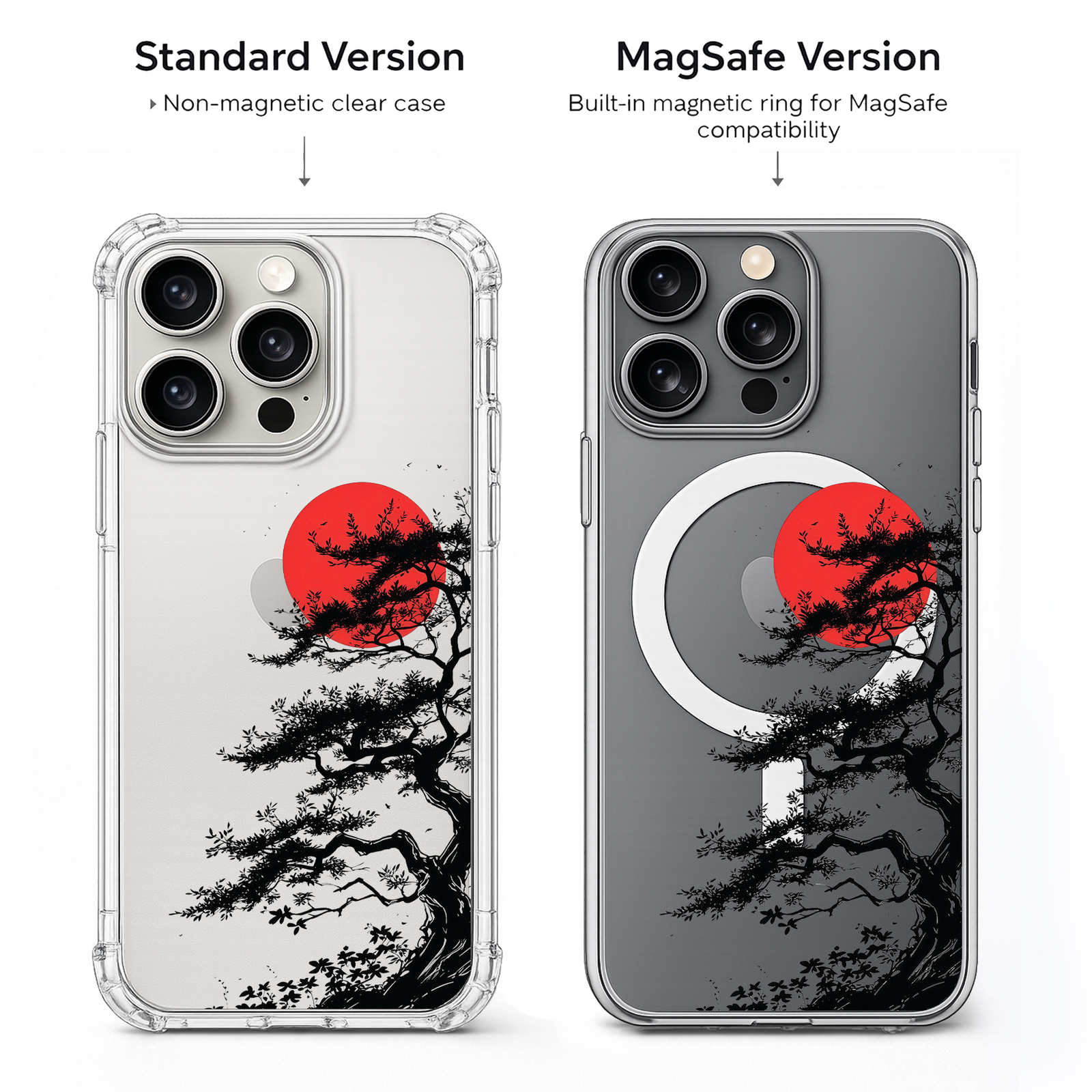 Japanese Bonsai Red Sun iPhone Case , Samsung Case, Zen Nature Art Phone Cover, MagSafe Case