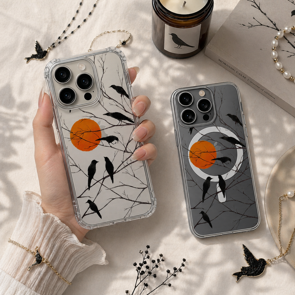 Black Crow Sunset iPhone Case , Samsung Case, Gothic Nature Bird Phone Cover, Minimalist MagSafe Case