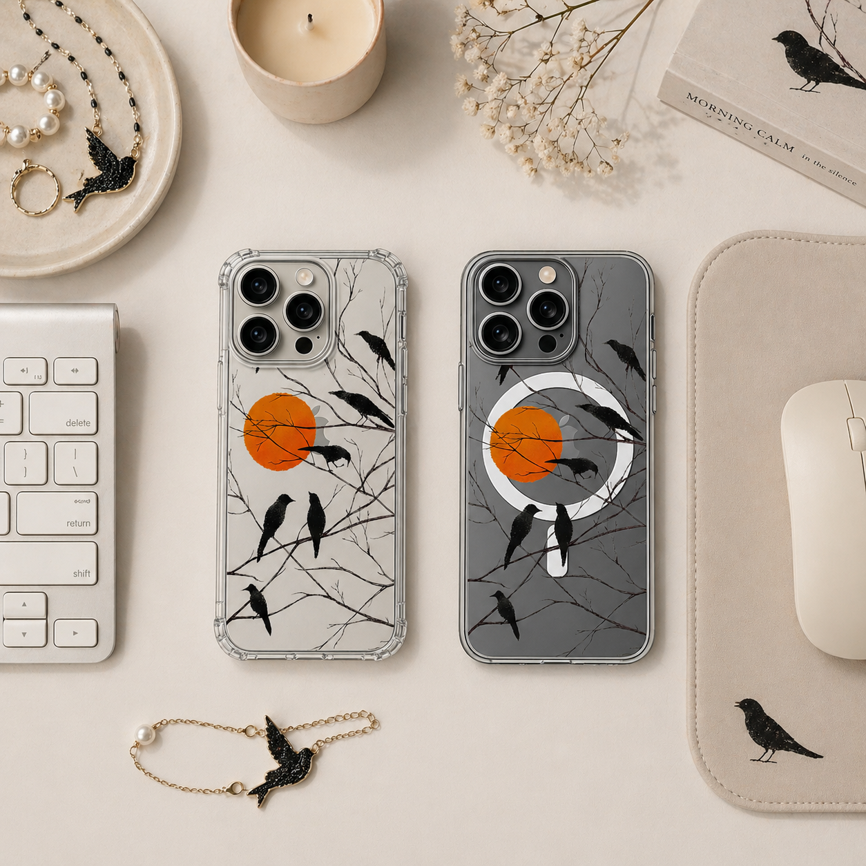 Black Crow Sunset iPhone Case , Samsung Case, Gothic Nature Bird Phone Cover, Minimalist MagSafe Case