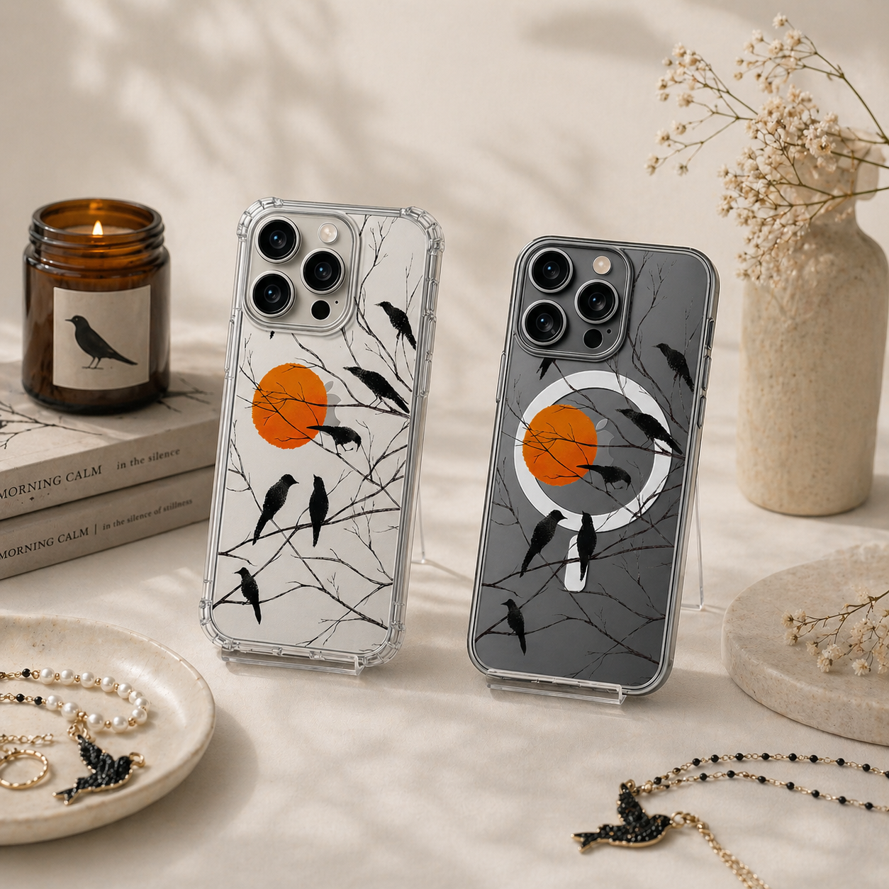 Black Crow Sunset iPhone Case , Samsung Case, Gothic Nature Bird Phone Cover, Minimalist MagSafe Case
