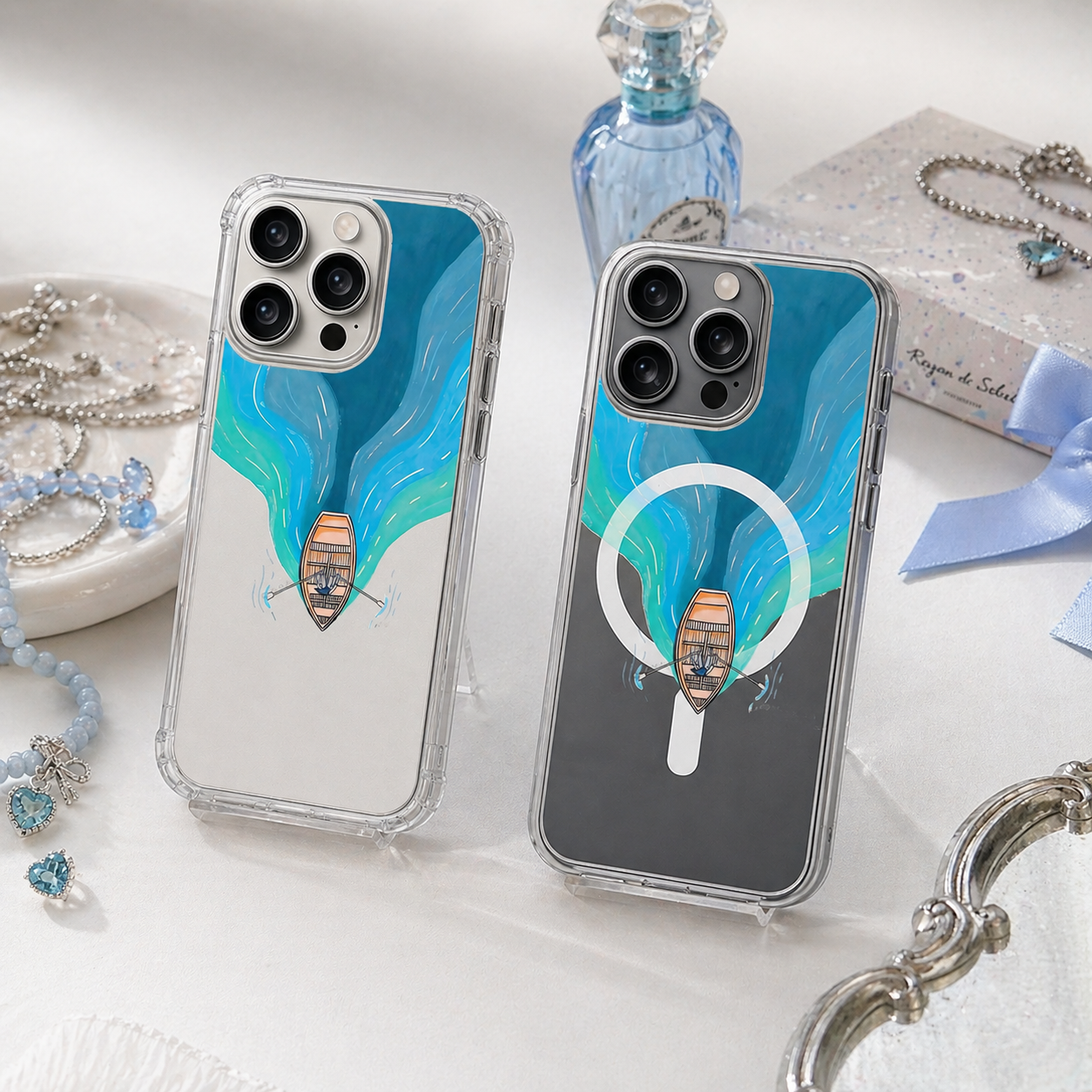 Aurora Boat Adventure iPhone Case , Samsung Case, Ocean Kayak Nature Art Phone Cover, MagSafe Case