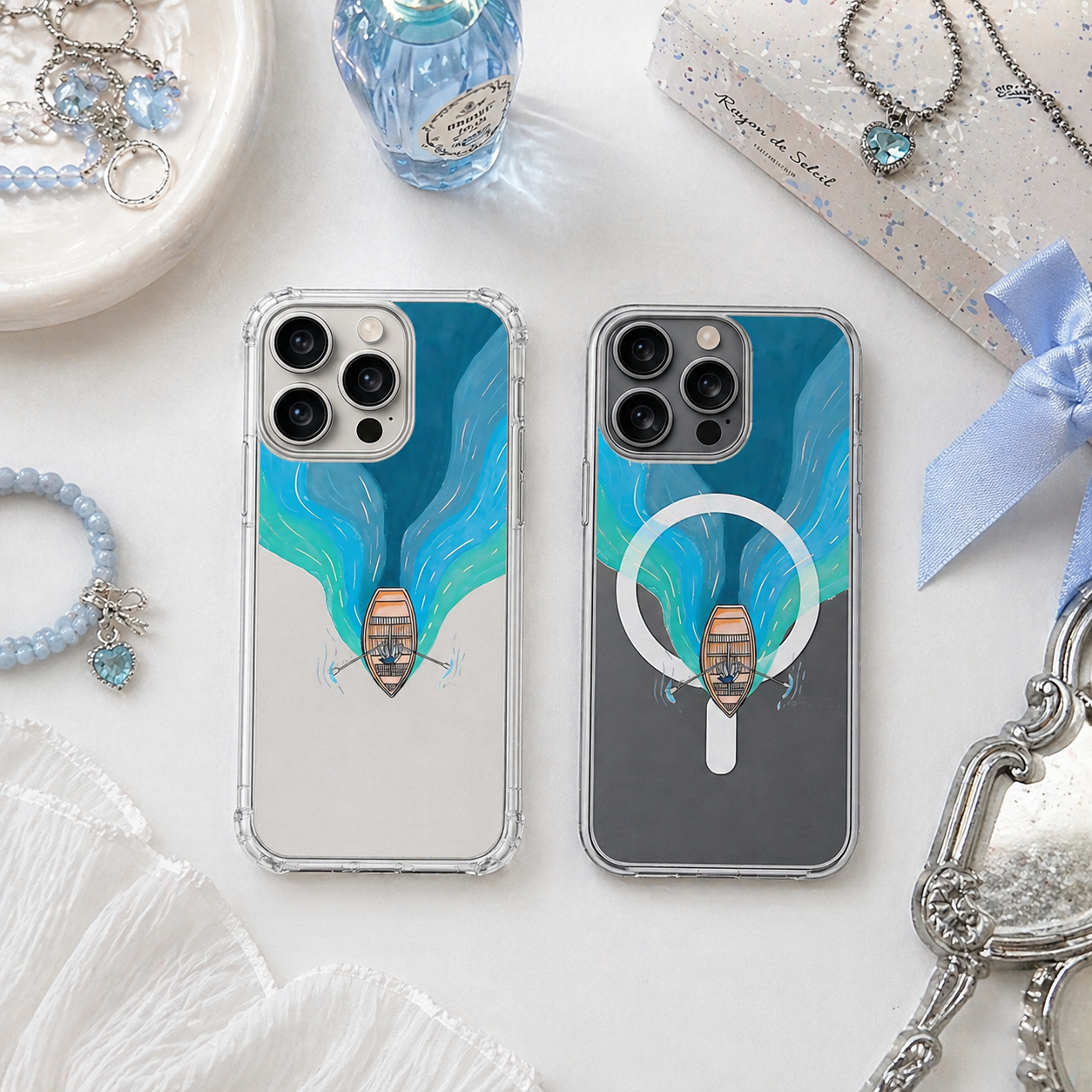 Aurora Boat Adventure iPhone Case , Samsung Case, Ocean Kayak Nature Art Phone Cover, MagSafe Case