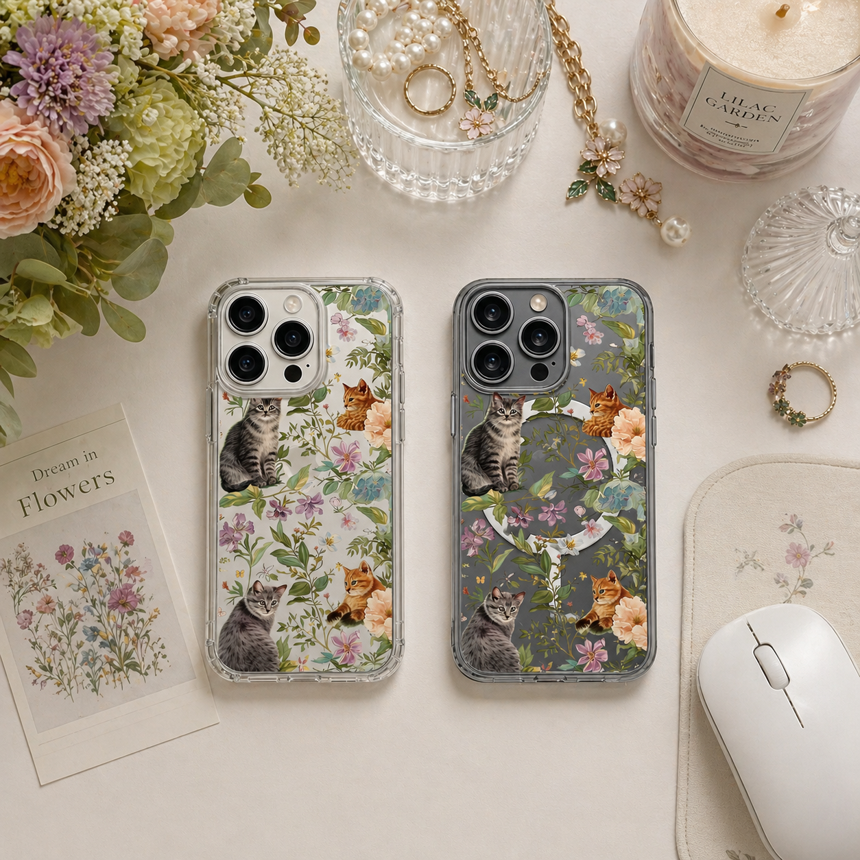 Vintage Floral Cat iPhone Case , Samsung Case, Cute Kitten Garden Phone Cover, MagSafe Case