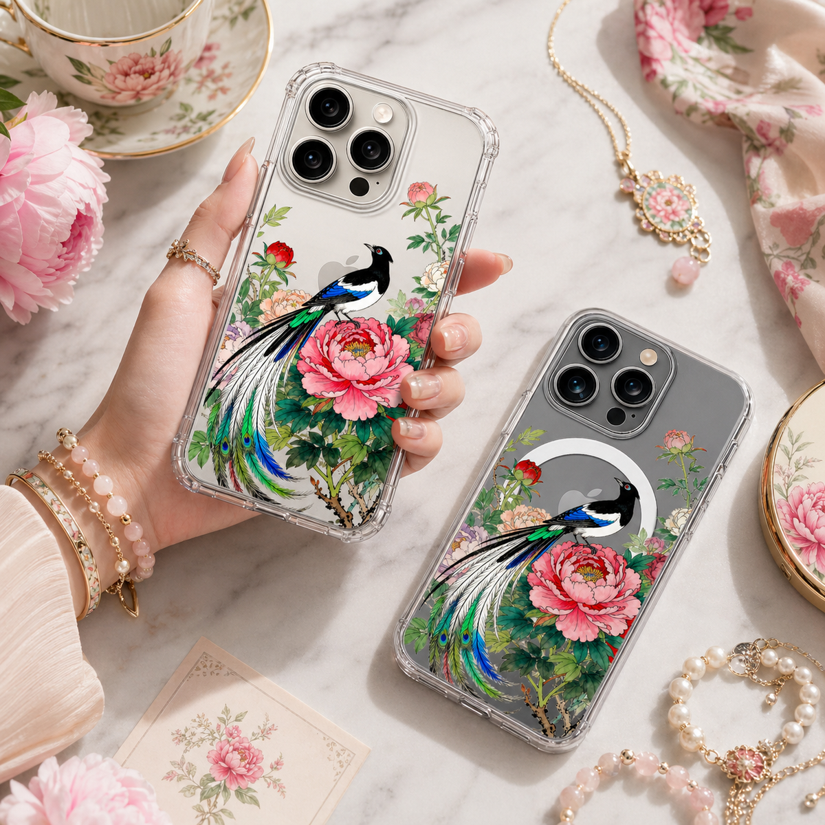 Peacock and Peony Floral iPhone Case , Samsung Case, Elegant Bird Art Phone Cover, MagSafe Case