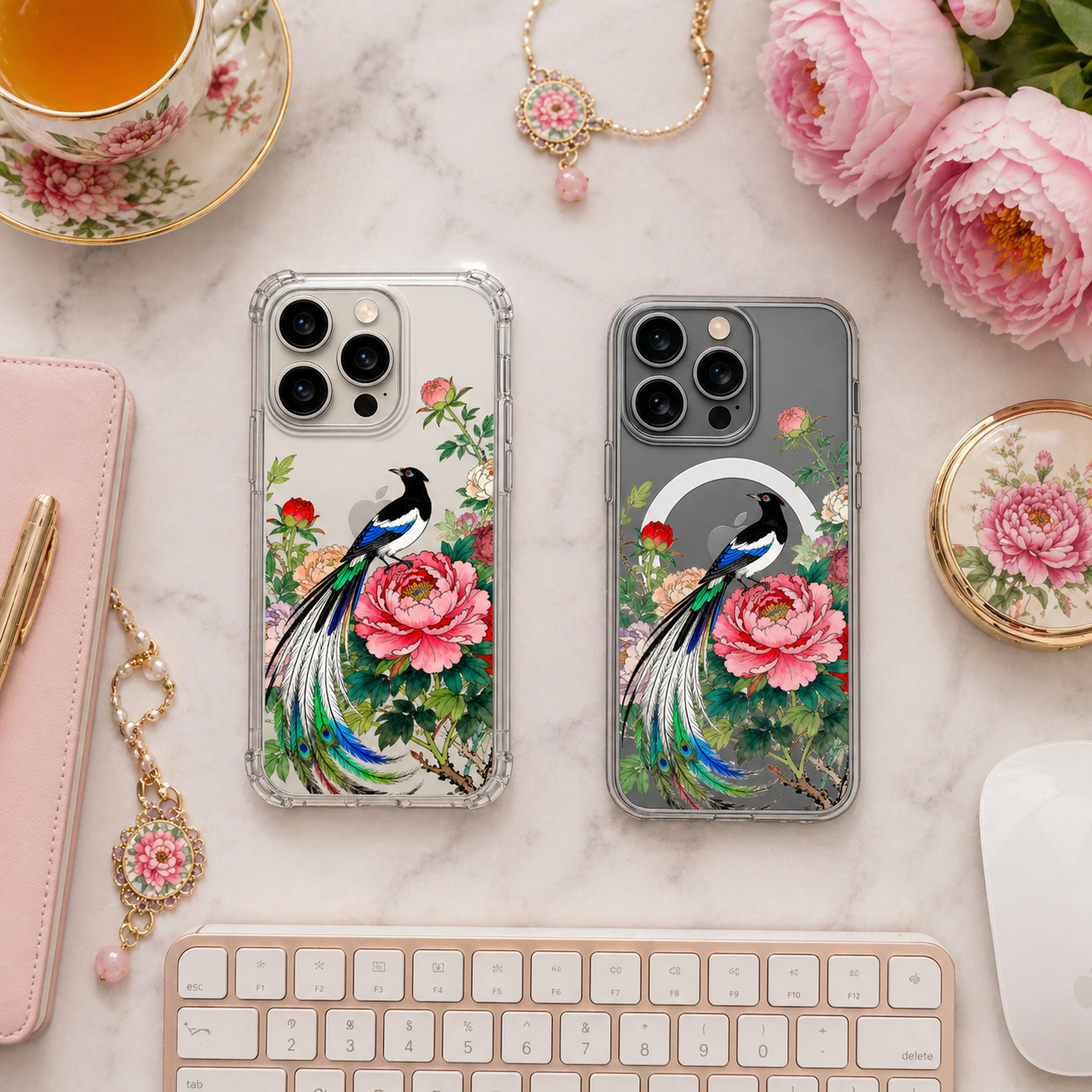 Peacock and Peony Floral iPhone Case , Samsung Case, Elegant Bird Art Phone Cover, MagSafe Case