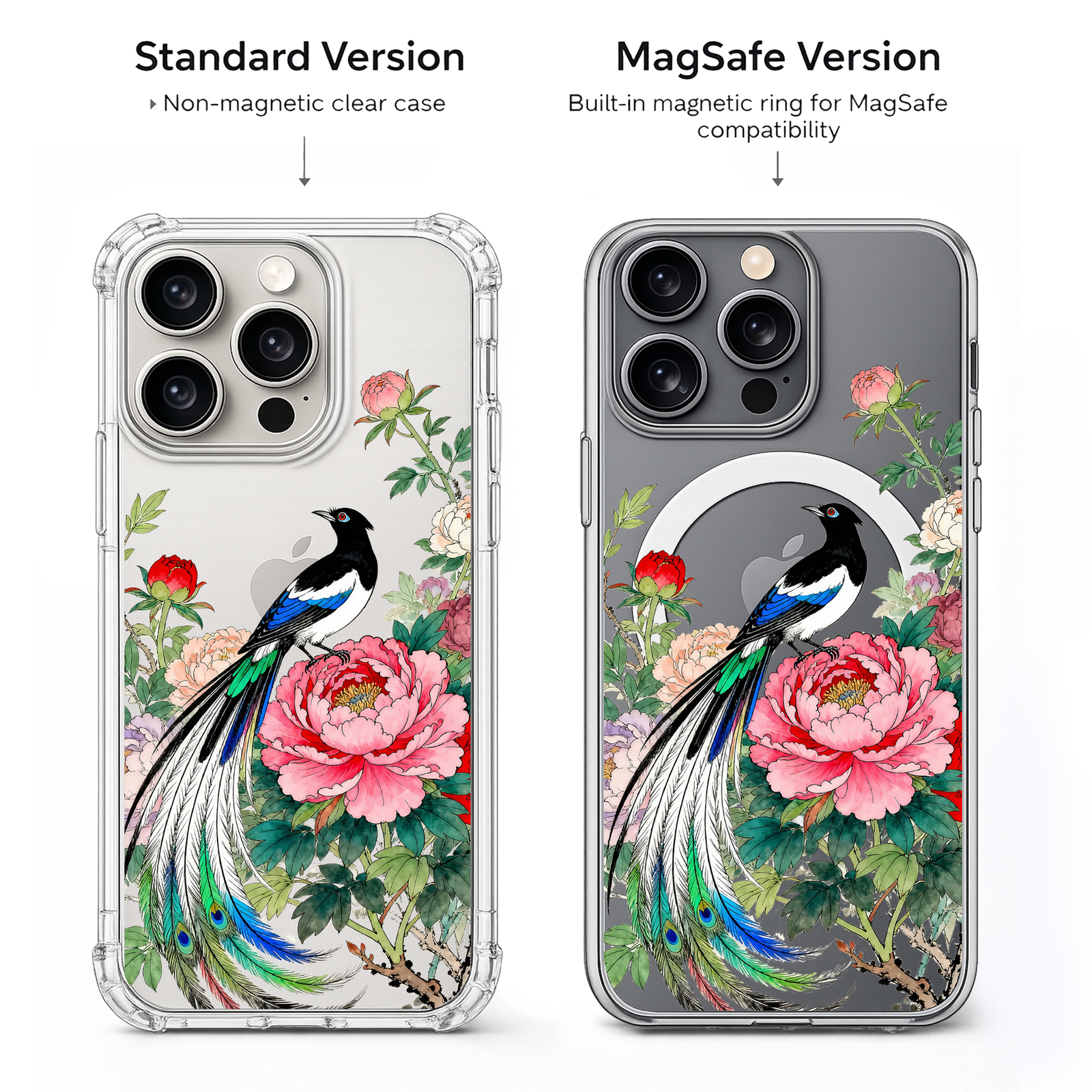 Peacock and Peony Floral iPhone Case , Samsung Case, Elegant Bird Art Phone Cover, MagSafe Case