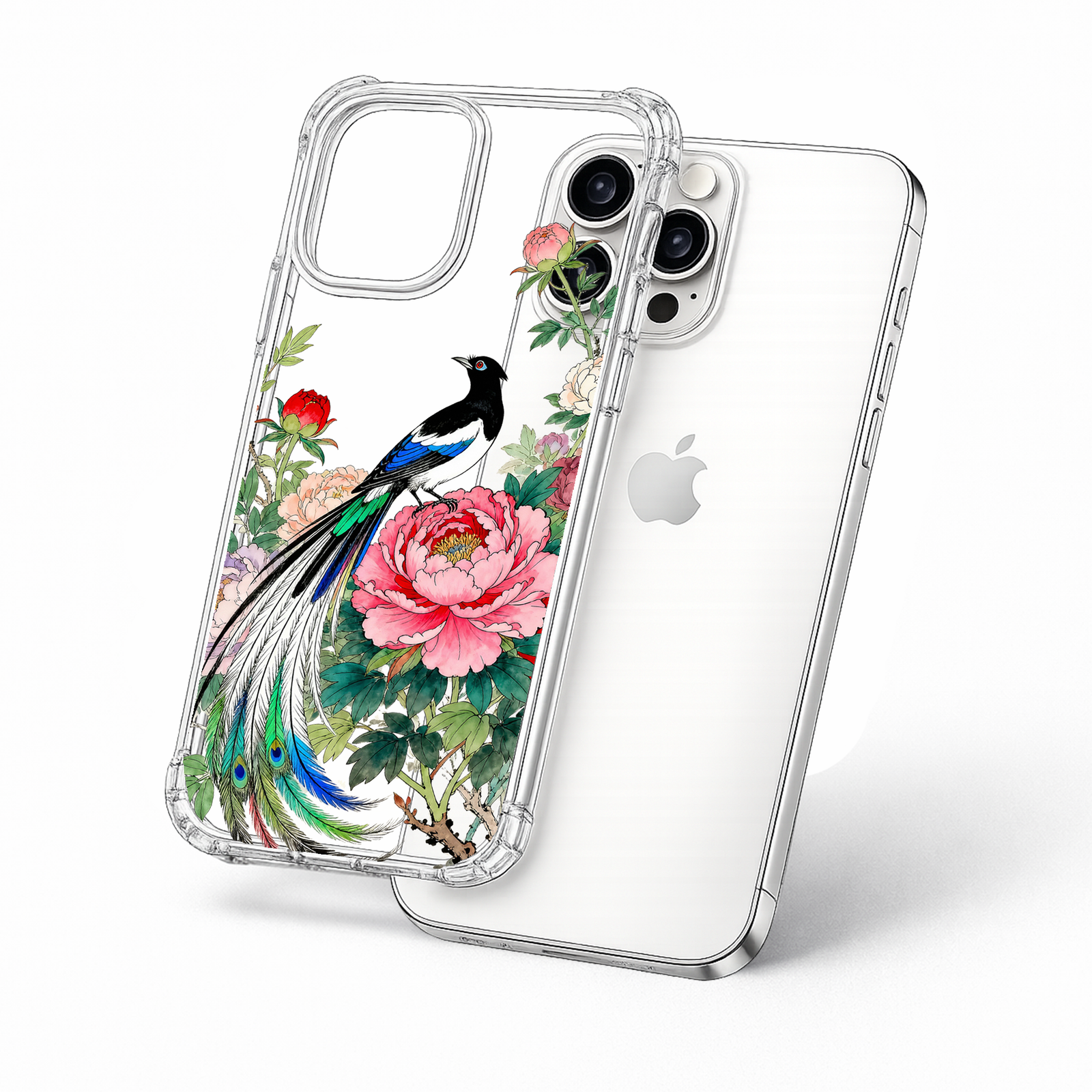 Peacock and Peony Floral iPhone Case , Samsung Case, Elegant Bird Art Phone Cover, MagSafe Case