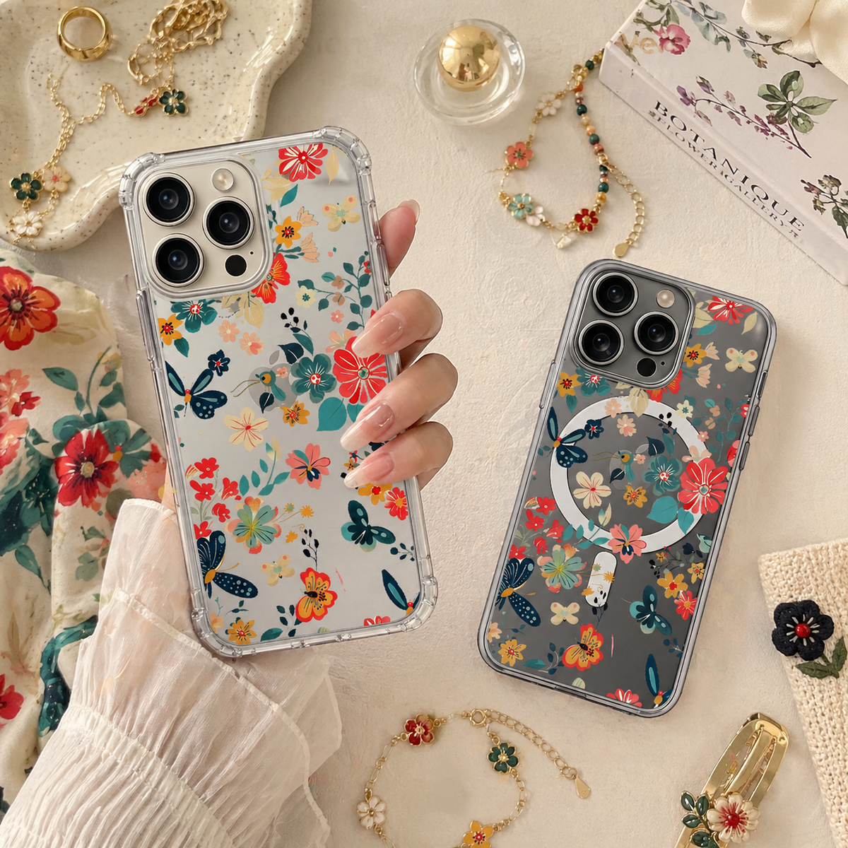Colorful Wildflower Butterfly iPhone Case , Samsung Case, Cute Floral Pattern Phone Cover, MagSafe Case