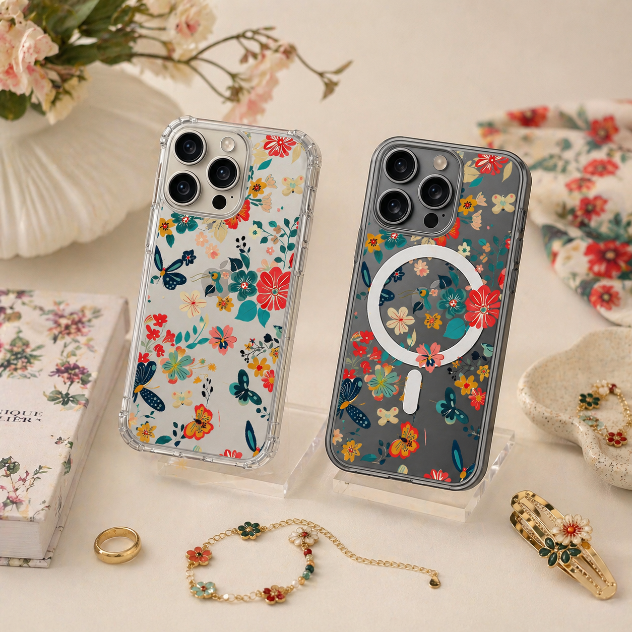 Colorful Wildflower Butterfly iPhone Case , Samsung Case, Cute Floral Pattern Phone Cover, MagSafe Case