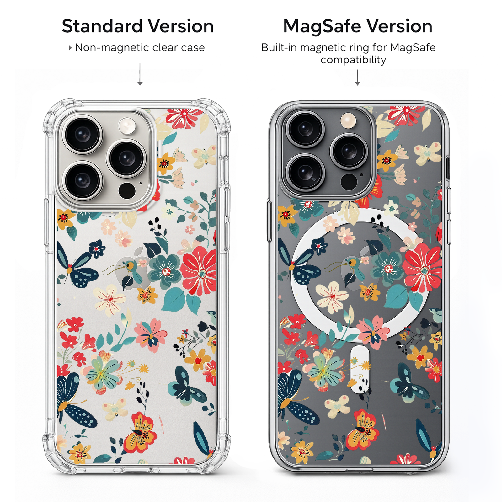 Colorful Wildflower Butterfly iPhone Case , Samsung Case, Cute Floral Pattern Phone Cover, MagSafe Case