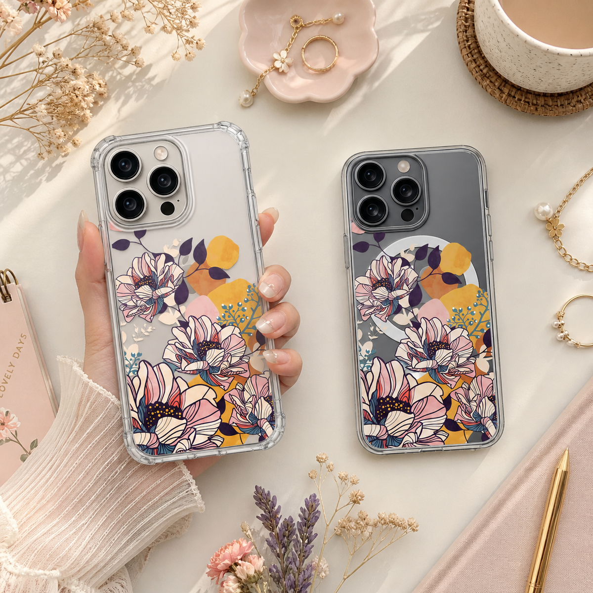 Elegant Boho Floral iPhone Case , Samsung Case, Modern Abstract Flower Phone Cover, MagSafe Case