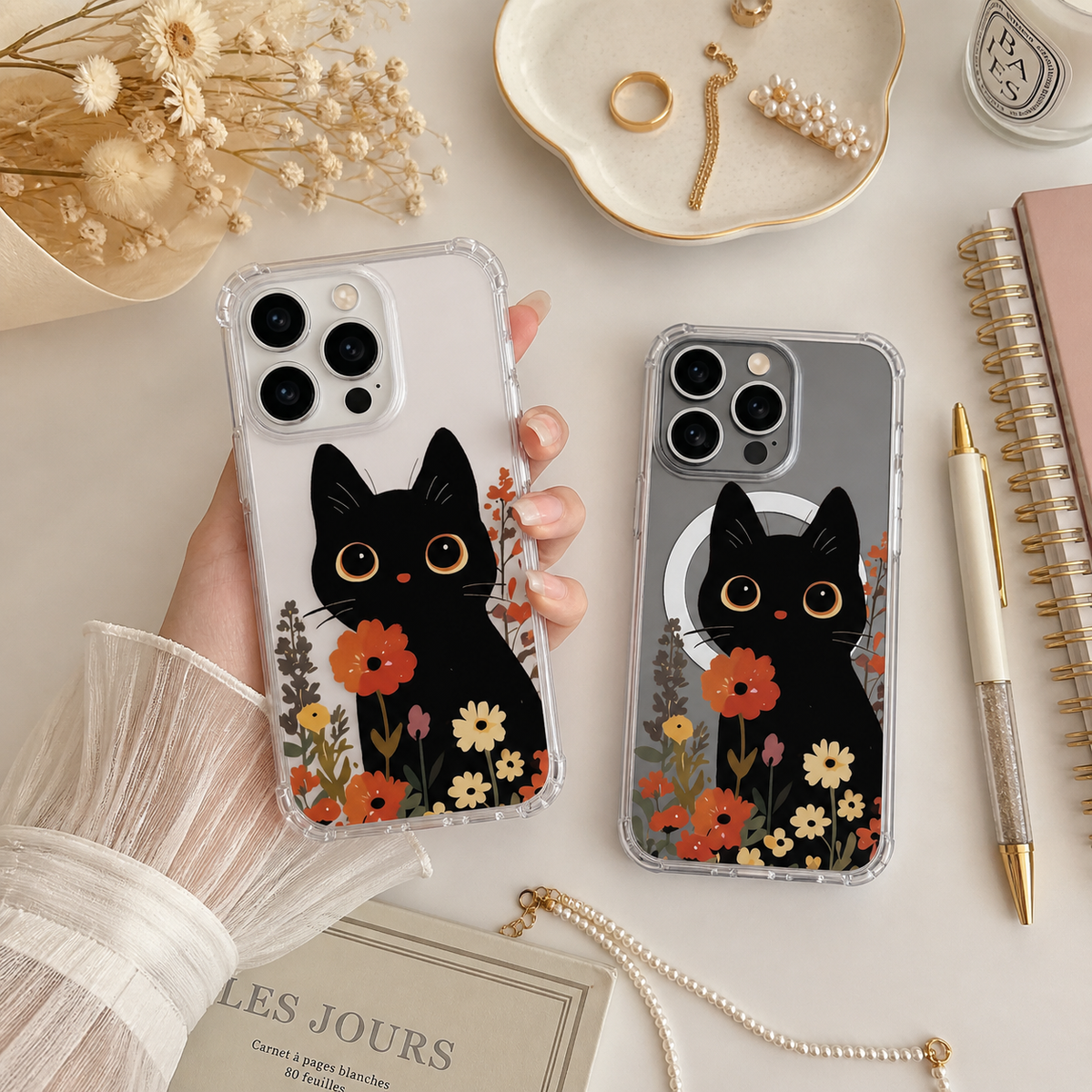 Cute Black Cat Floral iPhone Case , Samsung Case, Kawaii Kitty Flower Phone Cover, MagSafe Case